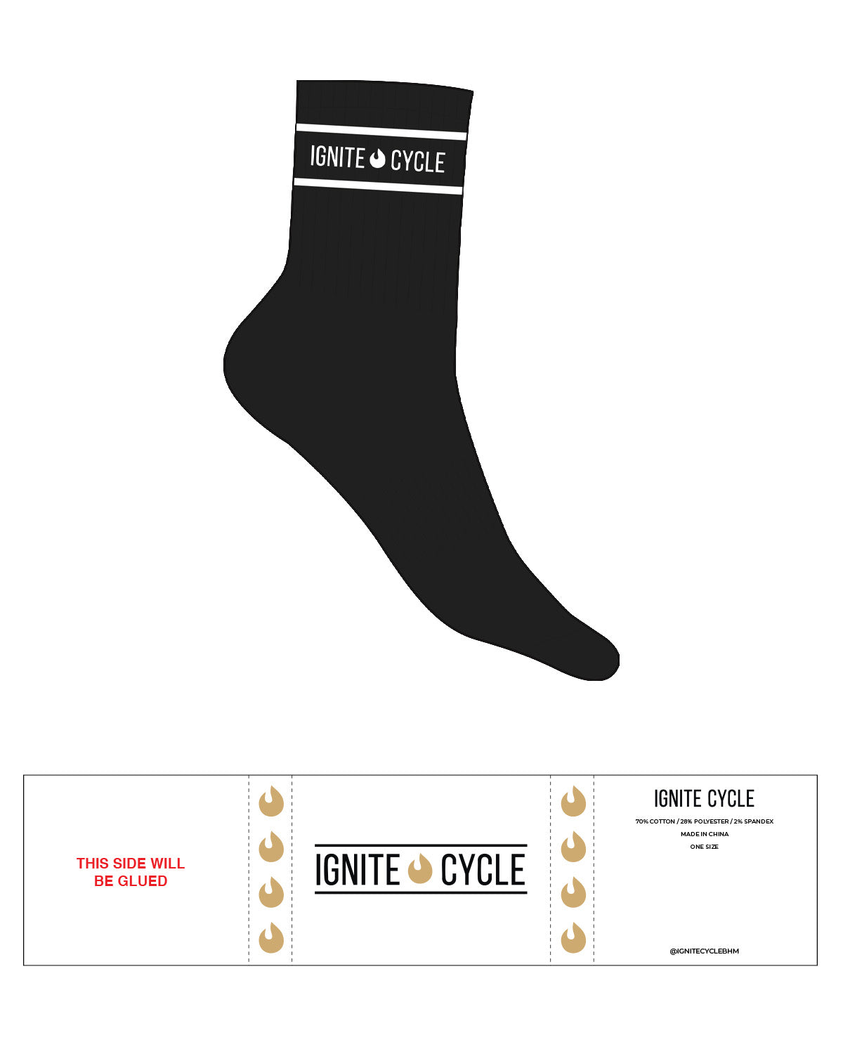 The 3/4 Crew Sock - Black - Ignite Cycle - Top - Text In Between Border Lines W/ Icon - White
