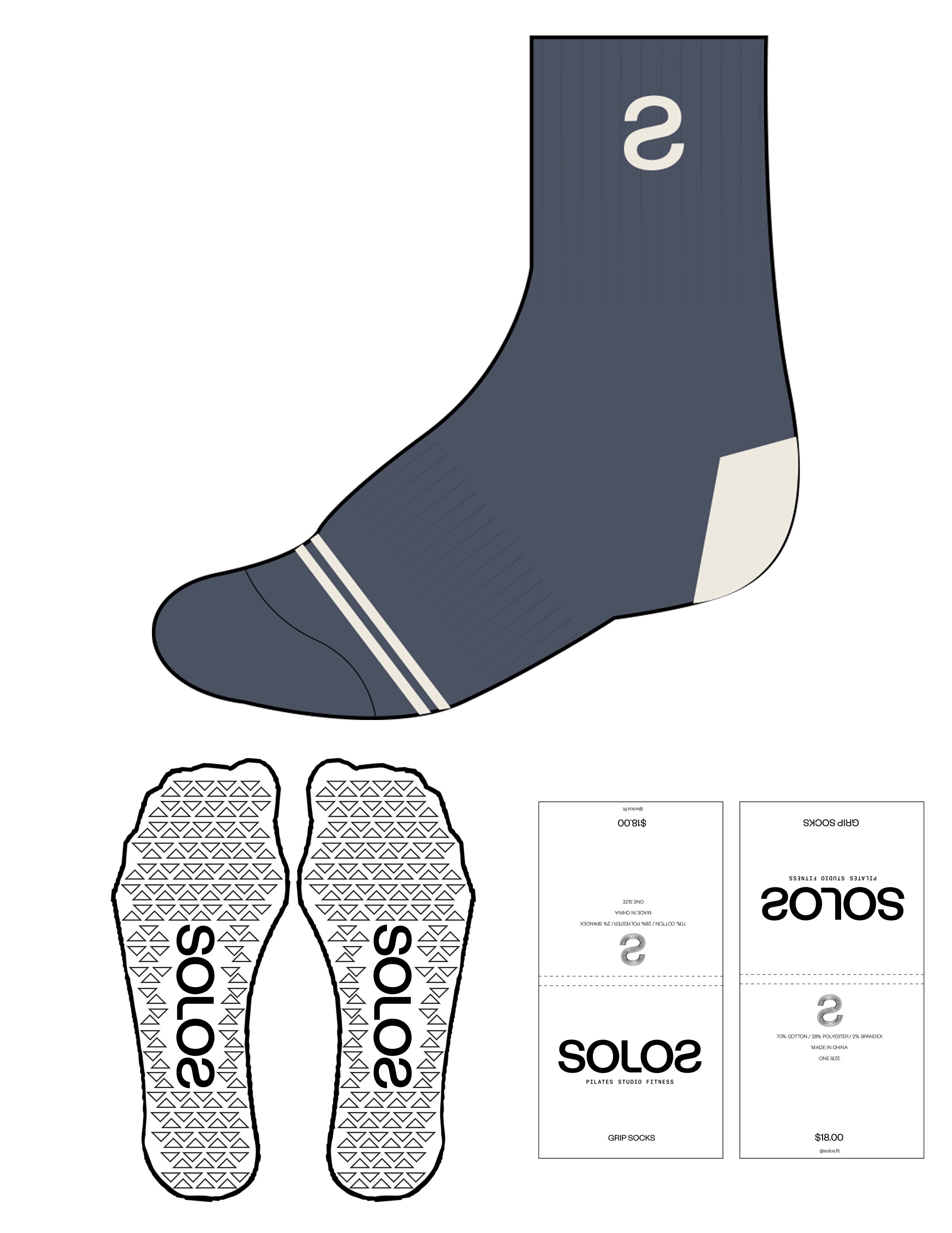 The 3/ 4 Crew Sock  - Dark Blue - Solos Pilates-  Top S - Bottom Border - Off White - Triangle Grip - Transparent