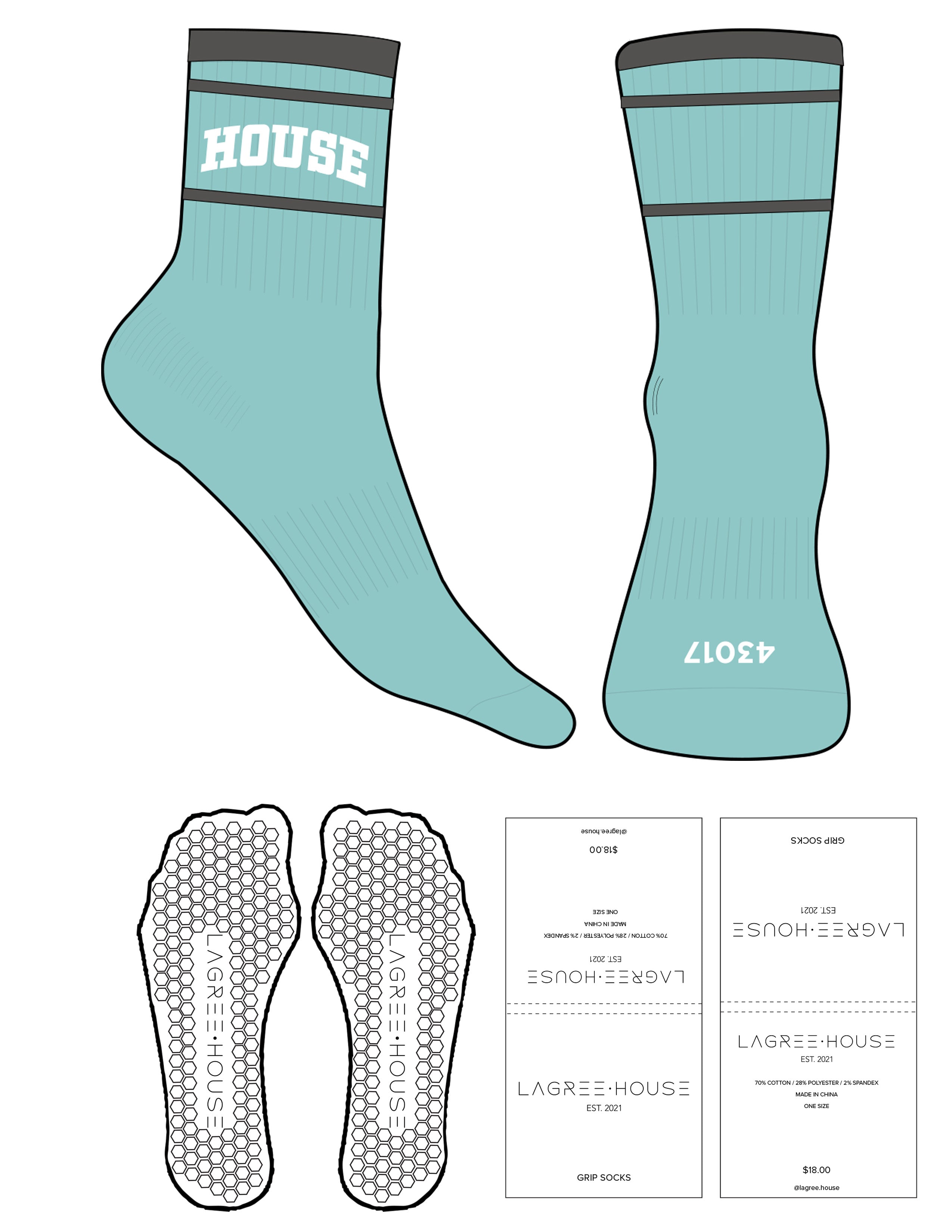 The 3/4 Crew Sock - Seaglass - Lagree House -  Vapor Stripes - Top & Toe Logo - Printed - White - Hexagon Grip - Transparent