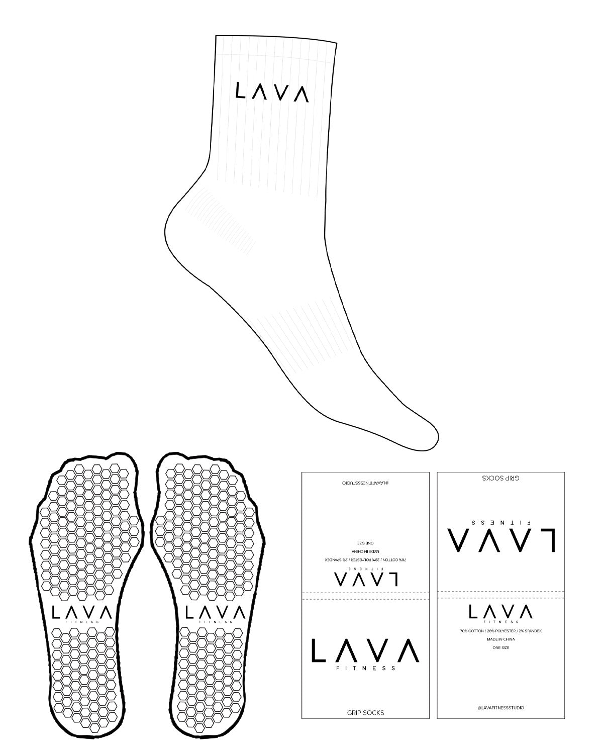 THE 3/4 CREW SOCK - White - Lava - Top Text - Black - Hexagon Shape Grip - Black