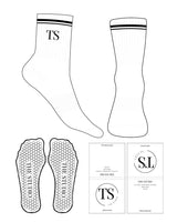 The 3/4 Crew Sock - White - The Studio Cape - 2 Strips - Top Logo "TS" - Black - Hexagon Shape Grip - Black