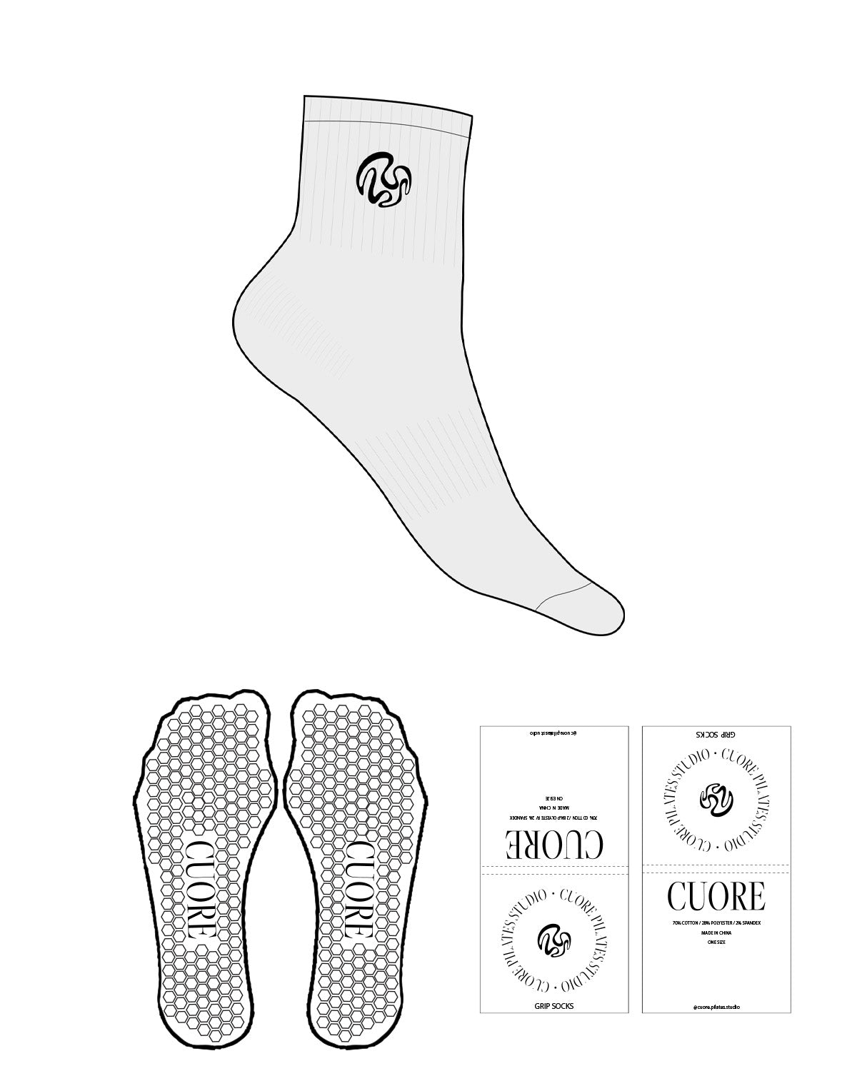 The 1/2 Crew Sock - Heather - Cuore Pilates Studio - Top Logo Round - Embroidered - Black - Hexagon Grip - Black