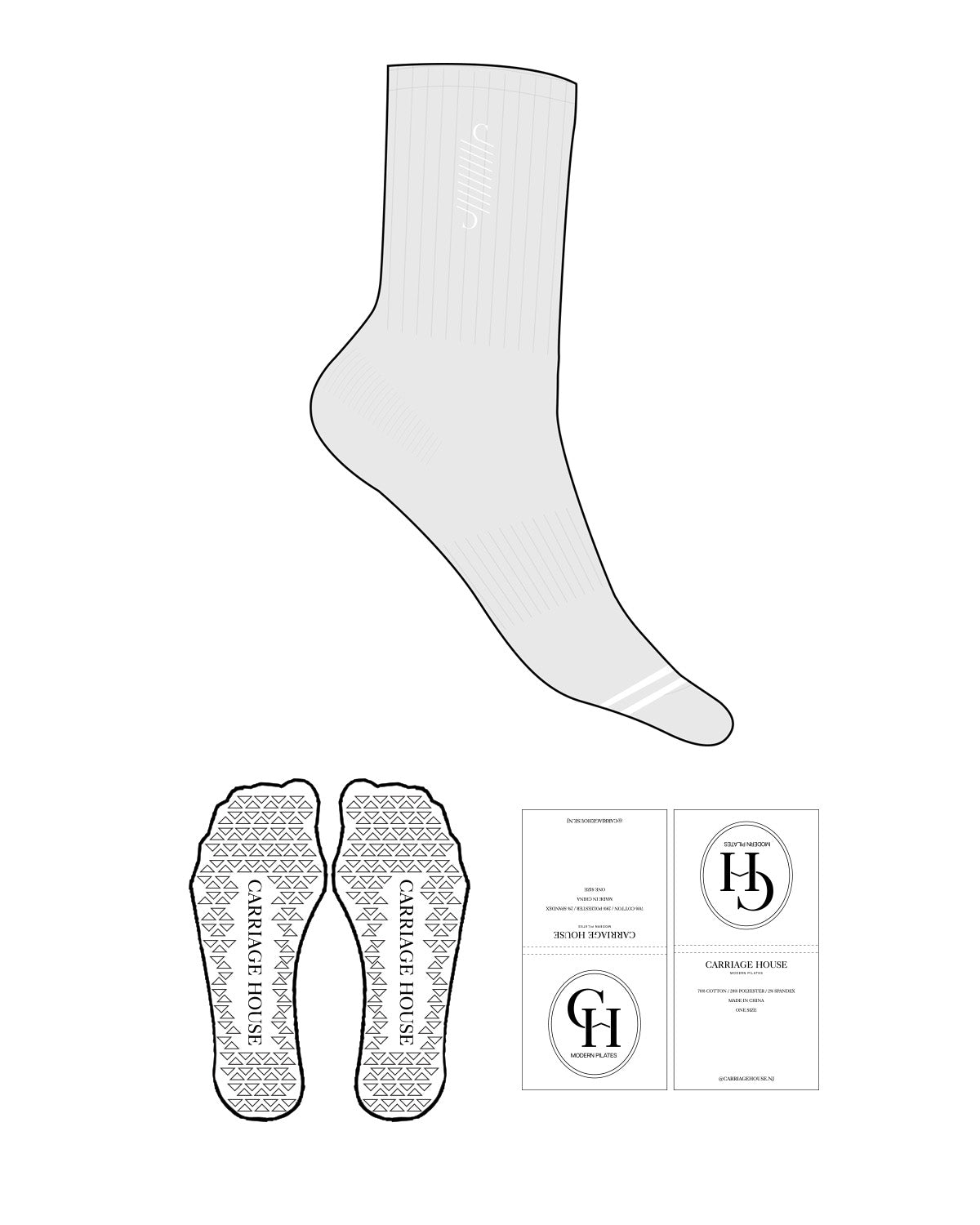 The Crew Sock - Heather - Carriage House - 2 Toe Stripes - Top Logo - Embroidered - White - Triangle Shape Grip - Transparent