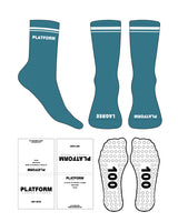 The Crew Sock - Teal D47 - Platform - 2 White Strips - Top & Front Logos - White - Circle Shape Grip - White '100'