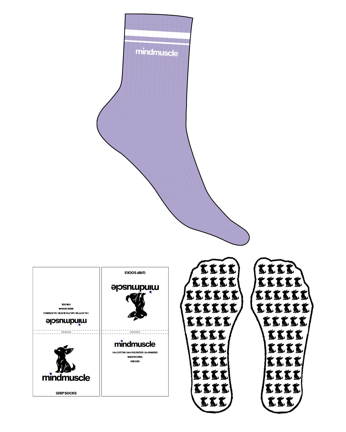 The 3/4 Crew Sock - Lavender - Mind Muscle - 2 Stripes - Top Logo - White - Custom Grip - White