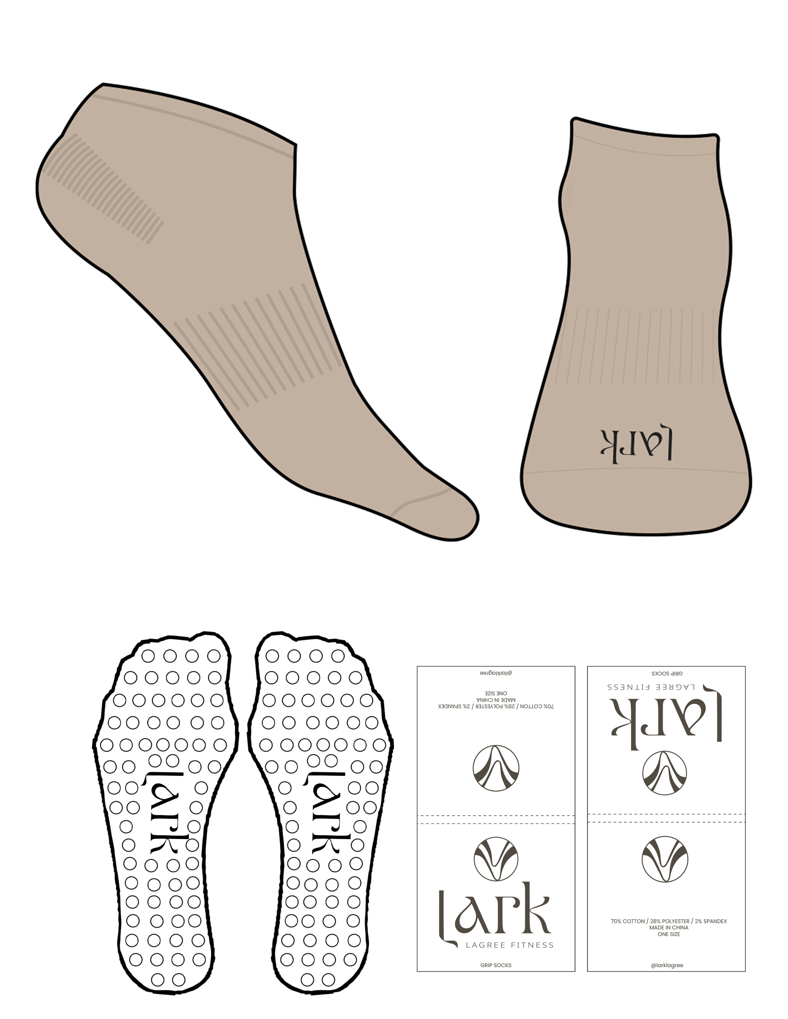 The Ankle Sock - Fawn - Pure Movement LARK - Toe Logo - Printed - Black - Circle Grip - Transparent