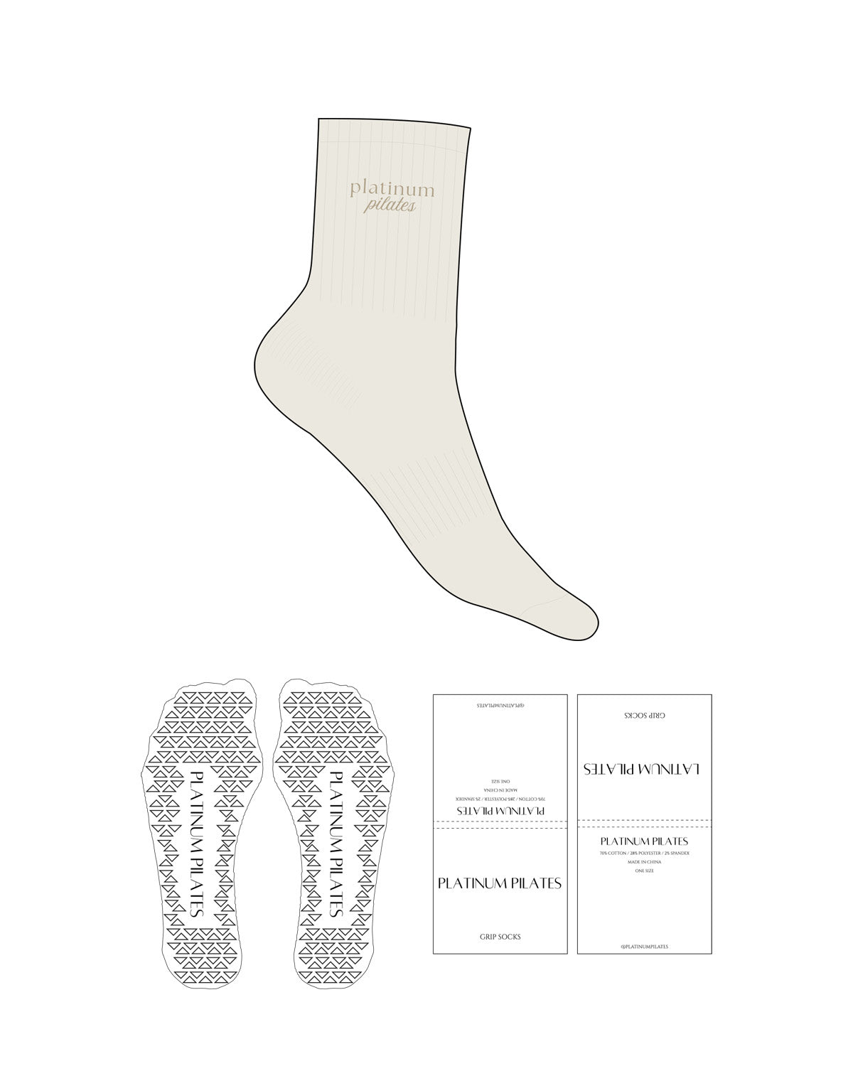 The 3/4 Crew Sock - Off White - Platinum Pilates - Top Logo Stacked - Embroidered - Caramel - Triangle Grip - Transparent
