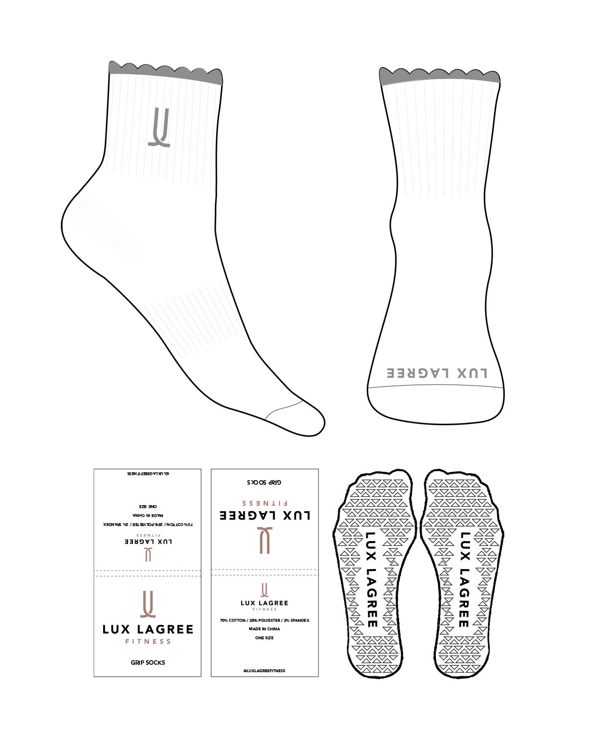 The 1/2 Crew Sock - White - Lux Lagree - Top & Front Logo - Charcoal - D343 - Triangle Shape Grip - Charcoal - D343