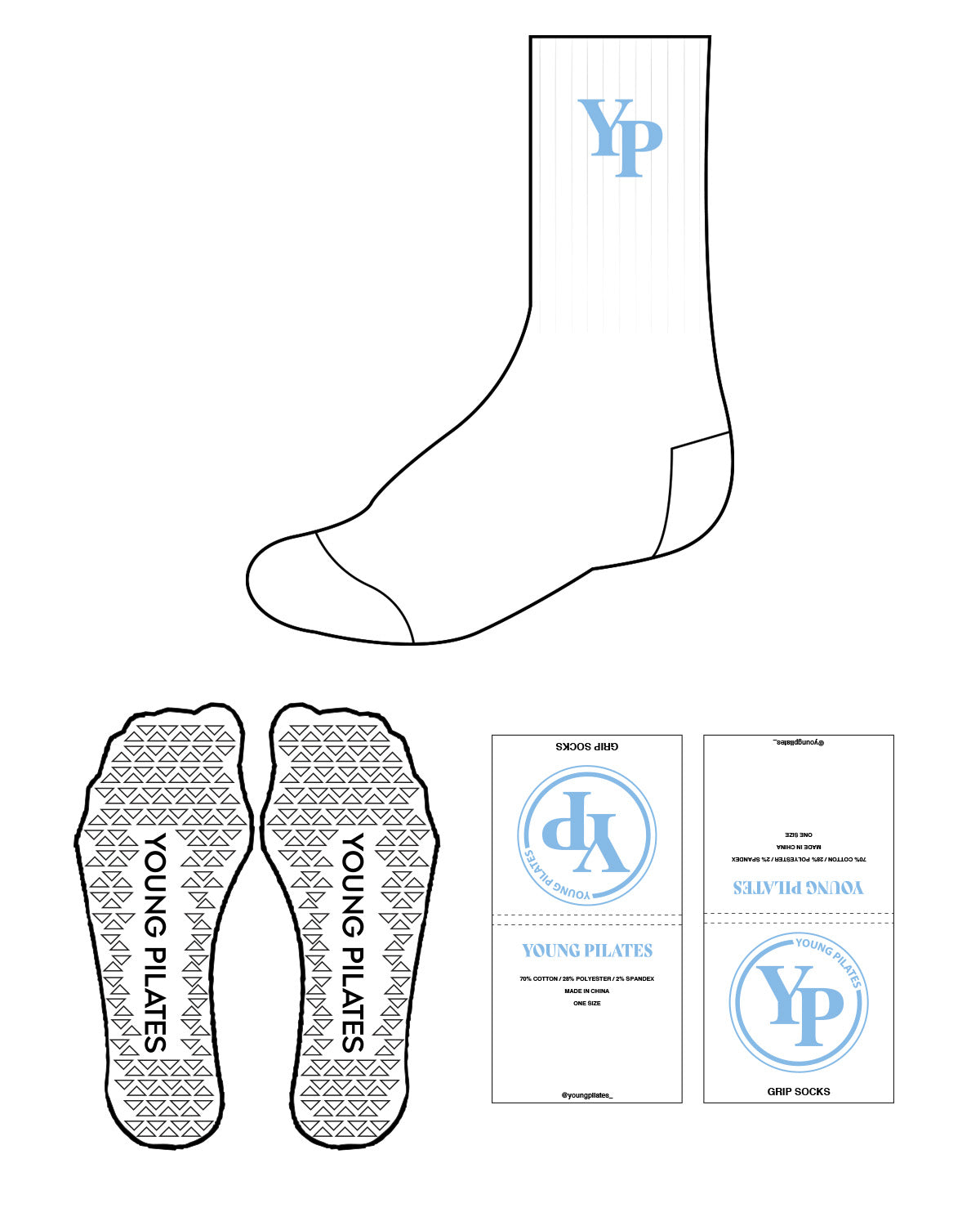 The Crew Sock - White - YP - Initial "YP" & Blue Triangle Grip - Blue