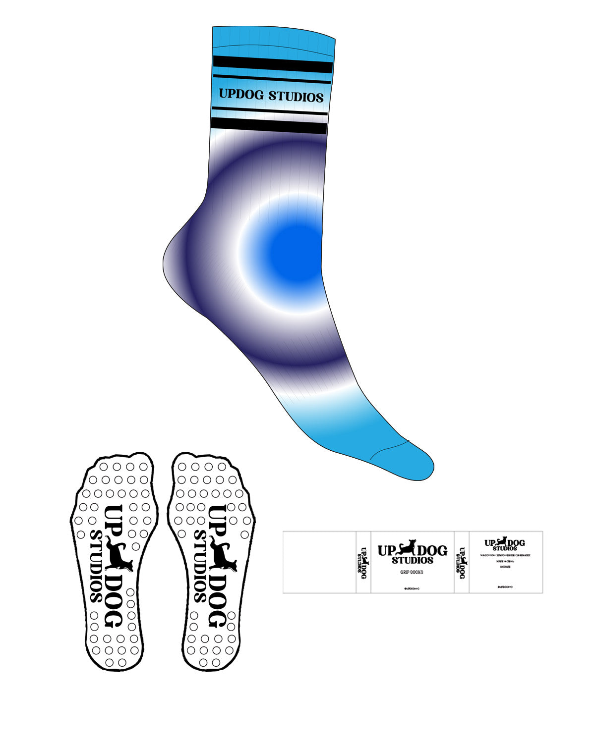 The Crew Sock - Tie Dye Blue - Updog Yoga - 4 Strips - Top Logo Between Strips - Black - Circle Shape Grip - White