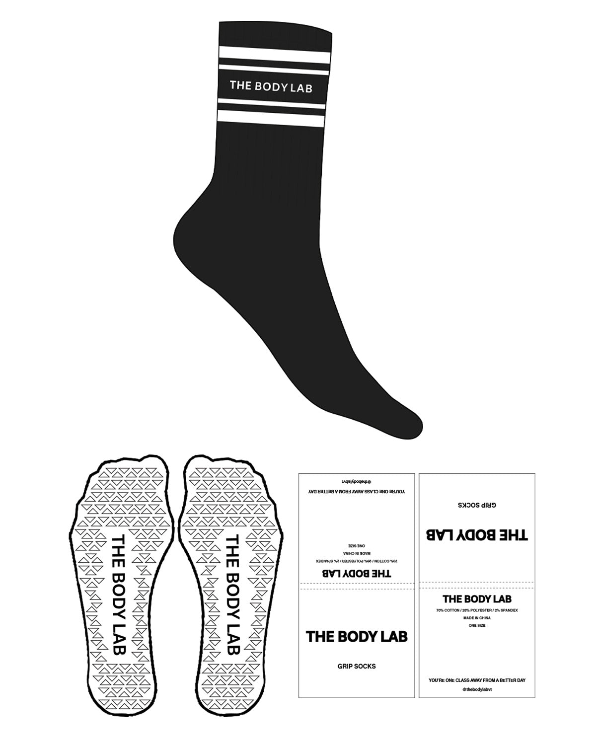 The Crew Sock - Black - Body Lab - 4 Strips - Logo Between Strips - White - Triangle Shape Grip - White