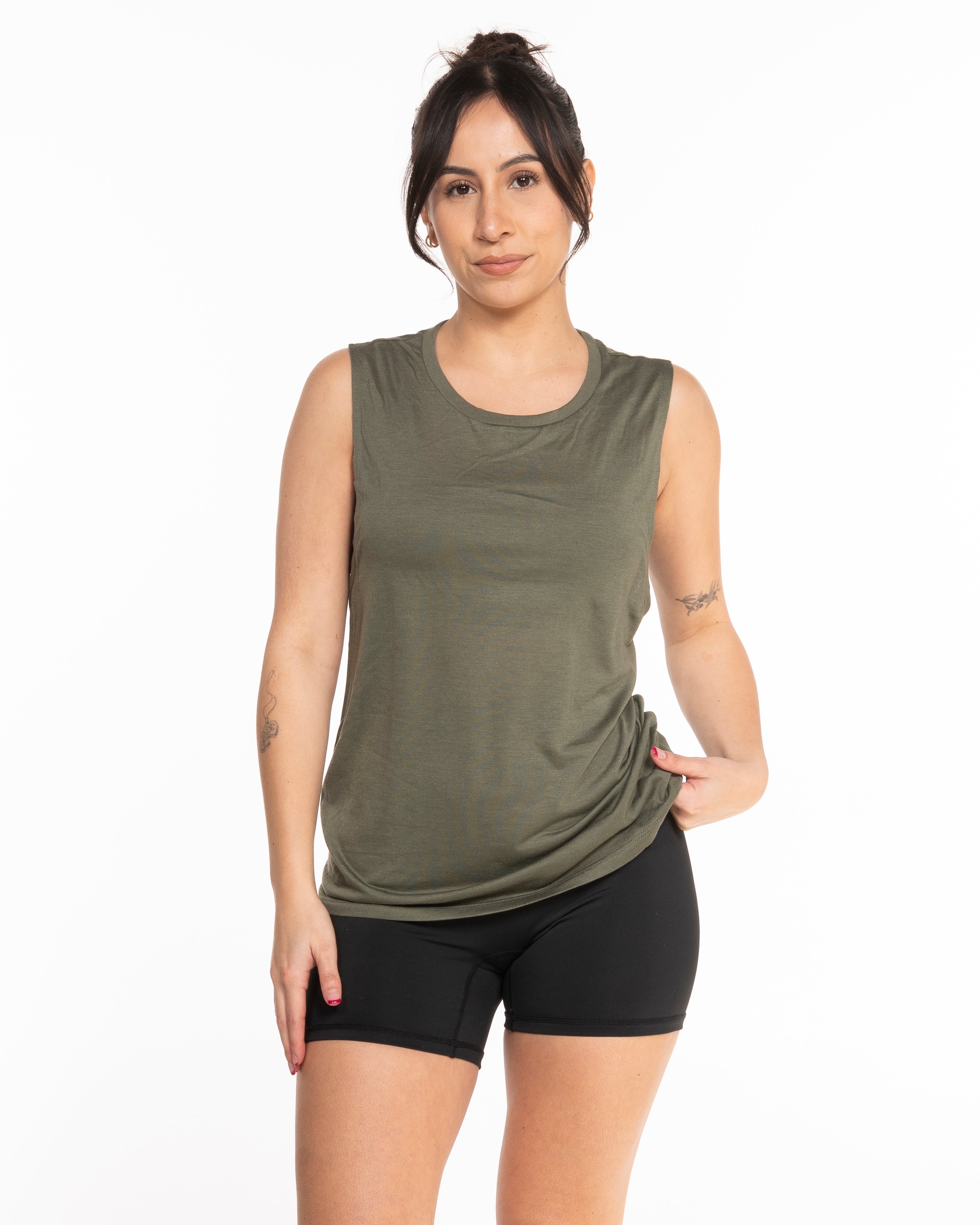 The Scoop Muscle Tank - Army - Evolve Collective - Center Chest - Printed - White