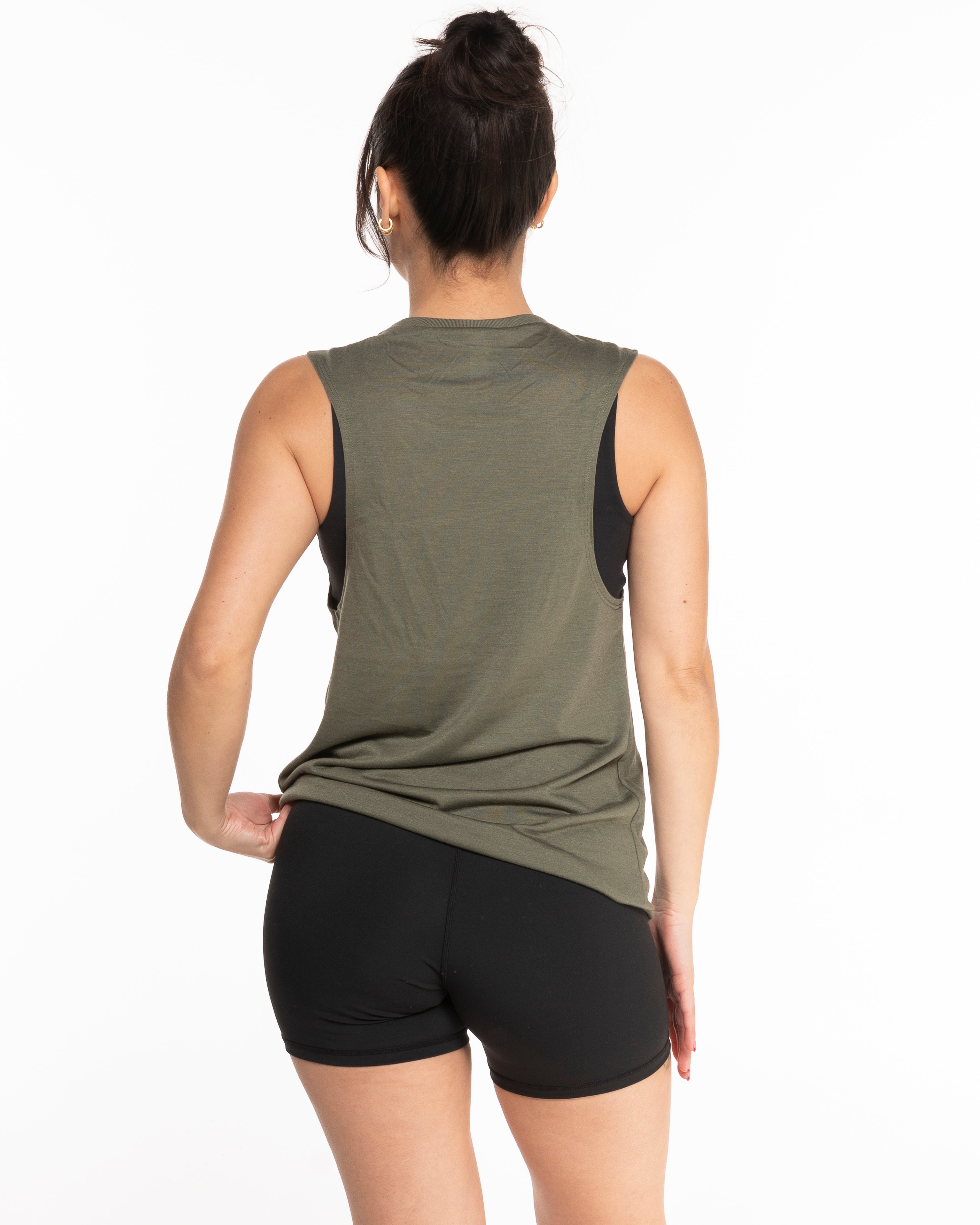 The Scoop Muscle Tank - Army - Evolve Collective - Center Chest - Printed - White