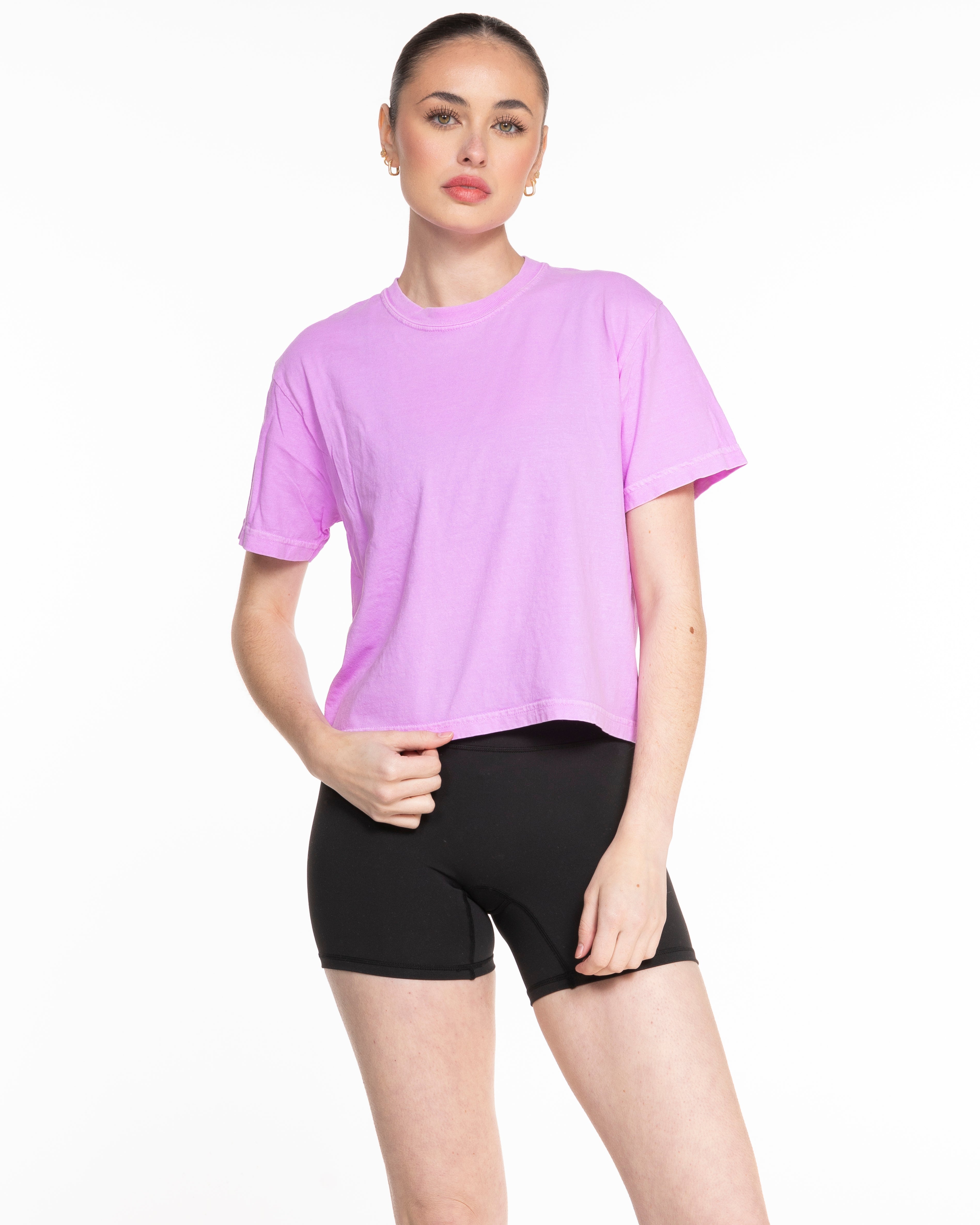 The Midweight Crop Tee - Violet -  Empowering Pilates - Top Left & Full back - Printed - Full Color