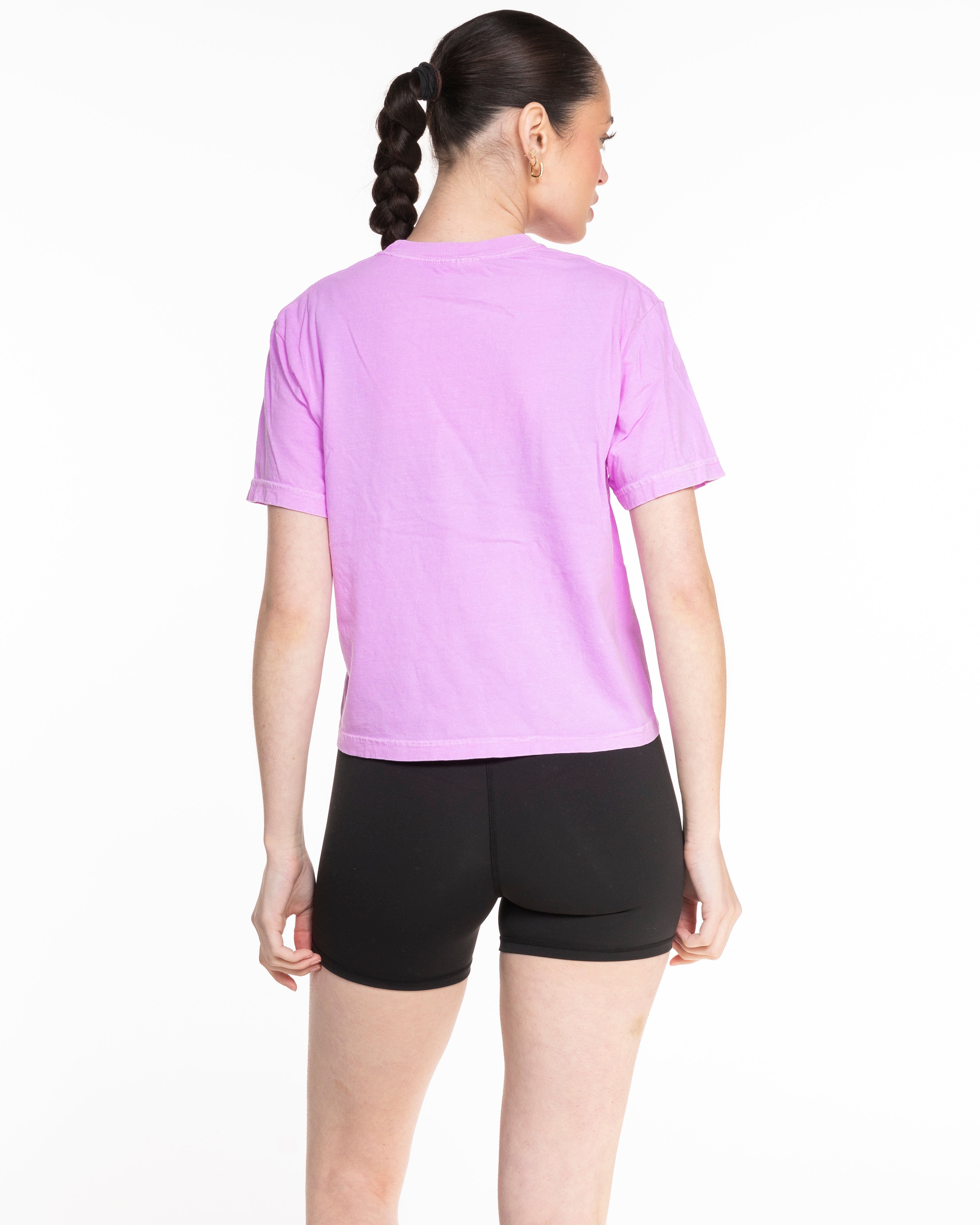 The Midweight Crop Tee - Violet -  Empowering Pilates - Top Left & Full back - Printed - Full Color