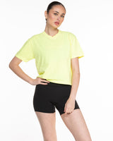 The Midweight Crop Tee - Light Yellow - Barre Life -  Front Neckline - Embroidered - White