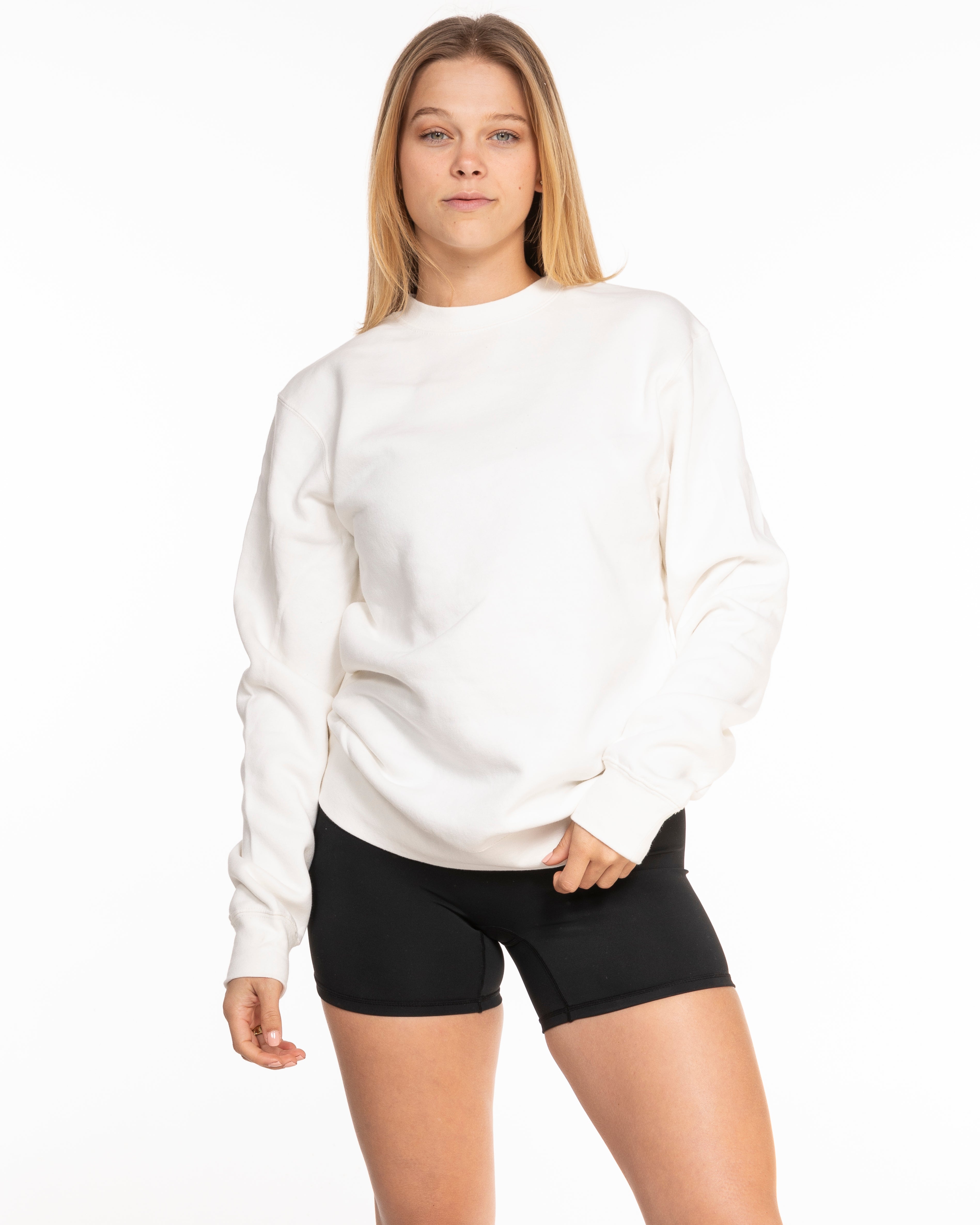 The Midweight Unisex Crewneck - Washed White - Movement Pilates Buffalo - Center Chest Stacked - EMB - Black