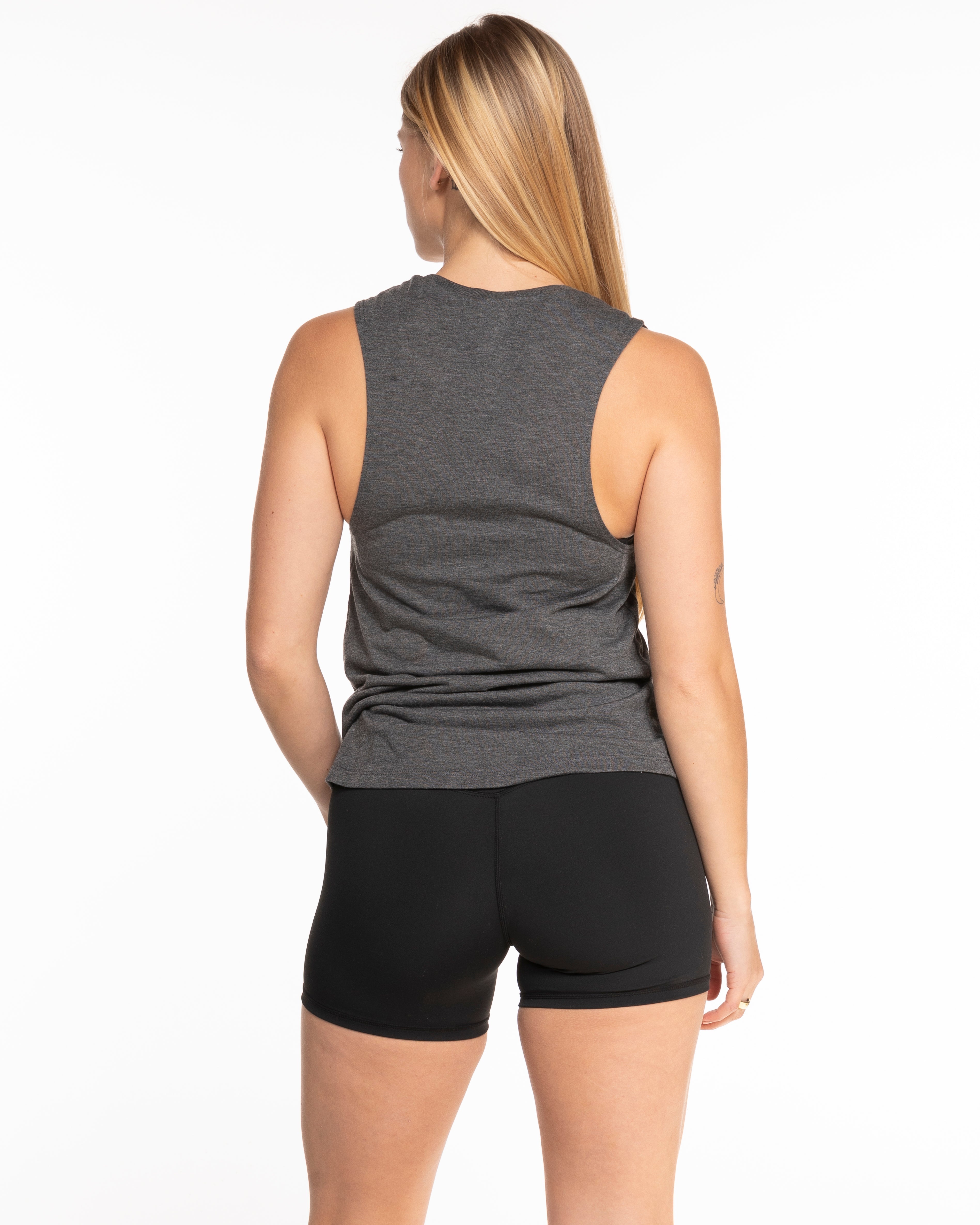 The Scoop Muscle Tank - Asphalt - Evolve Collective - Center Chest - Printed - White