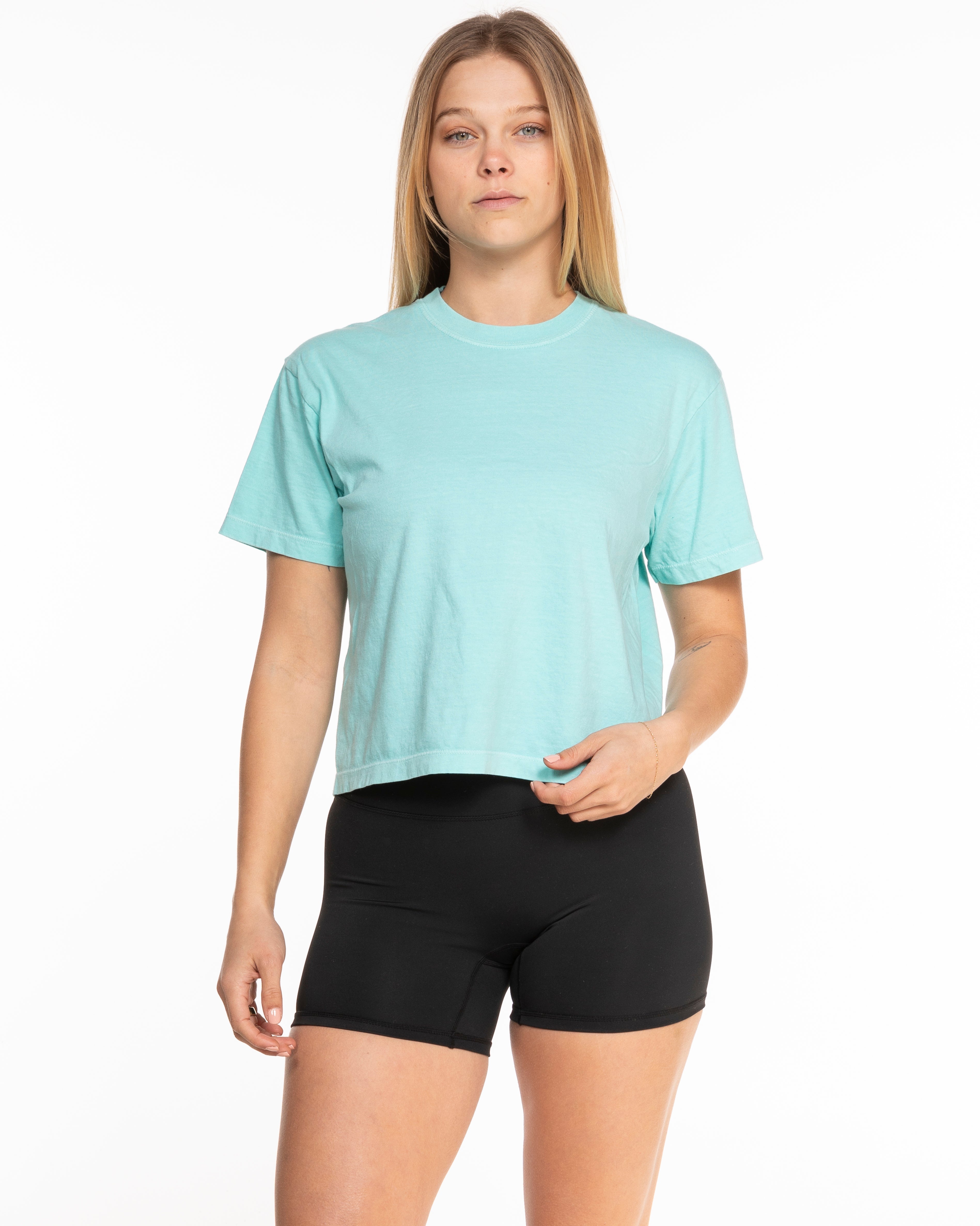 The Midweight Crop Tee - Turquoise - Barnes. The Label - Center Chest & Back Stars - Printed - Full Color