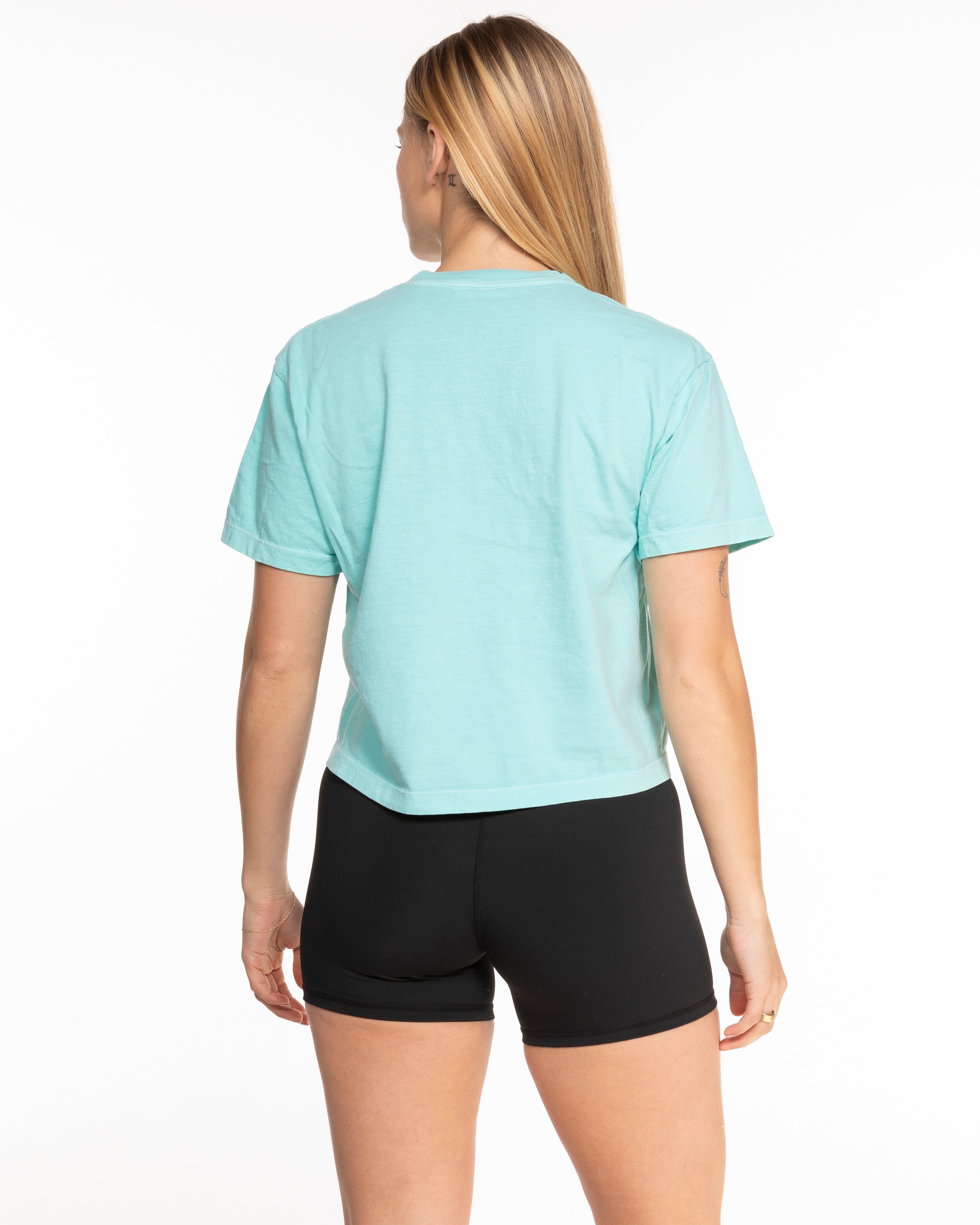 The Midweight Crop Tee - Turquoise - Barnes. The Label - Center Chest & Back Stars - Printed - Full Color