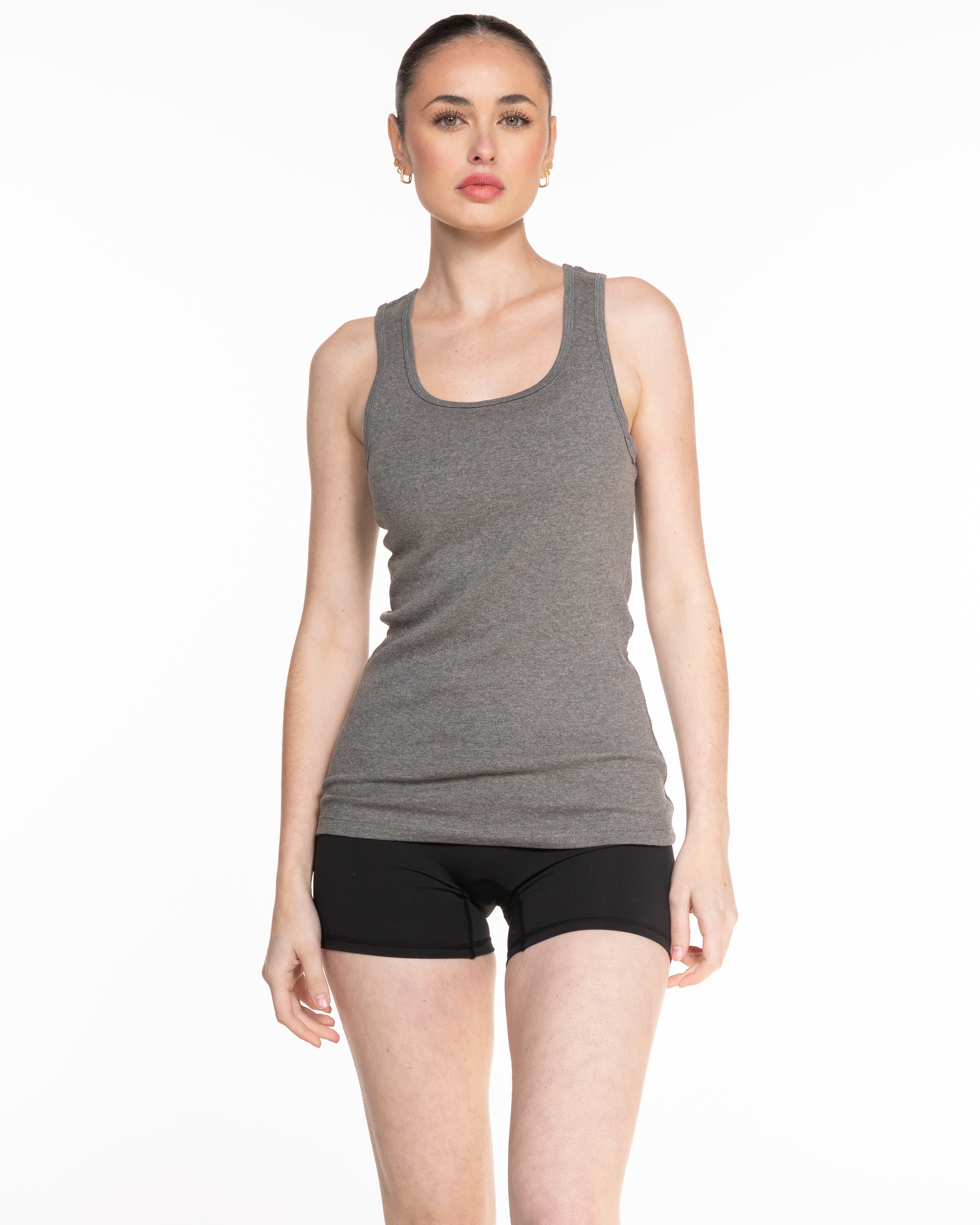 The Micro Rib Full Length Tank - Charcoal Heather - Evolve Collective - Center Chest Stacked - Printed - White