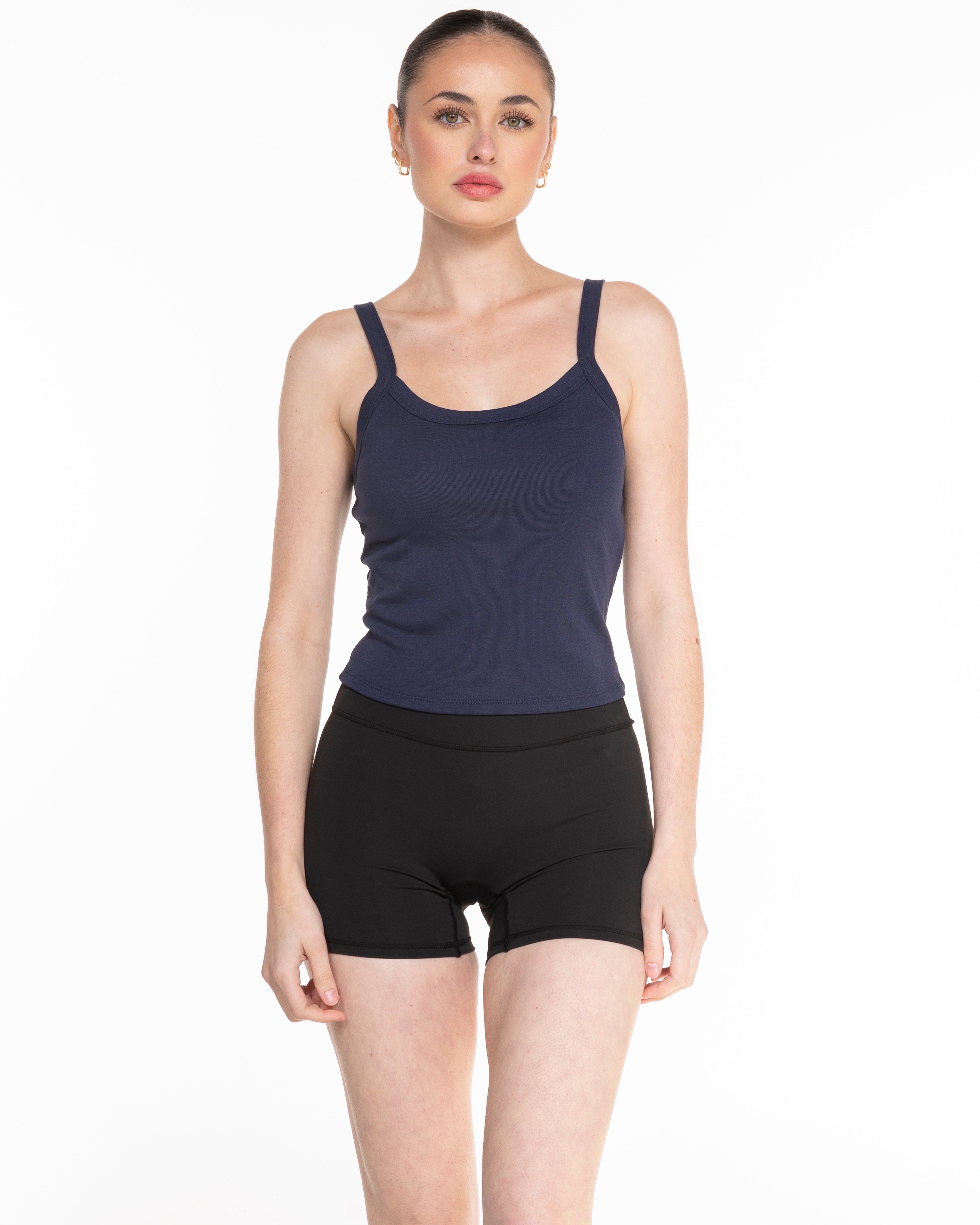 The Micro Rib Strappy Crop Tank - Navy - Carriage House - Center Chest Stacked - White