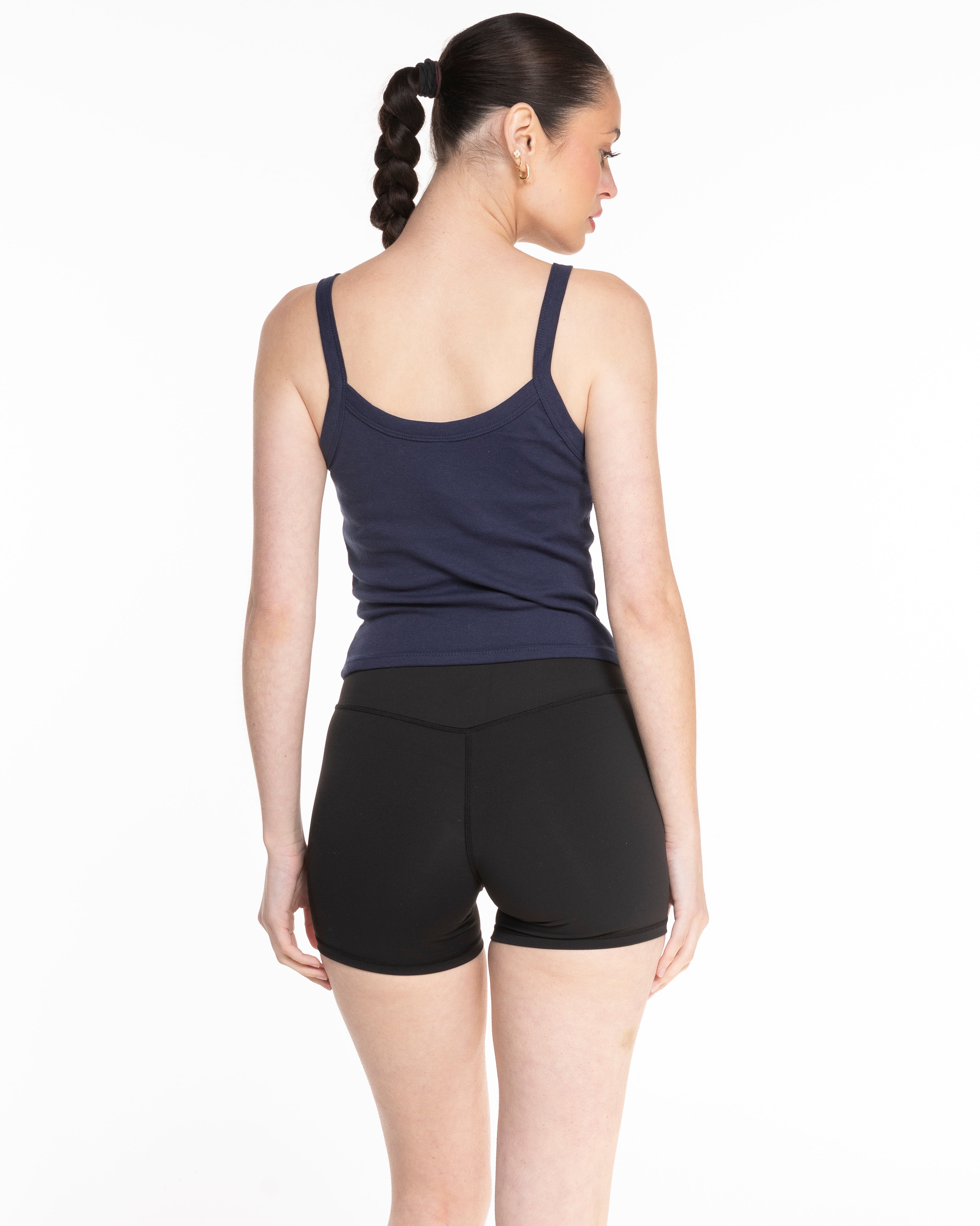 The Micro Rib Strappy Crop Tank - Navy - Carriage House - Center Chest Stacked - White