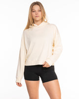 The Womens Lightweight Cropped Hoodie - Ivory - Pure Movement LARK - Center Chest - Embroidered - Dark Brown