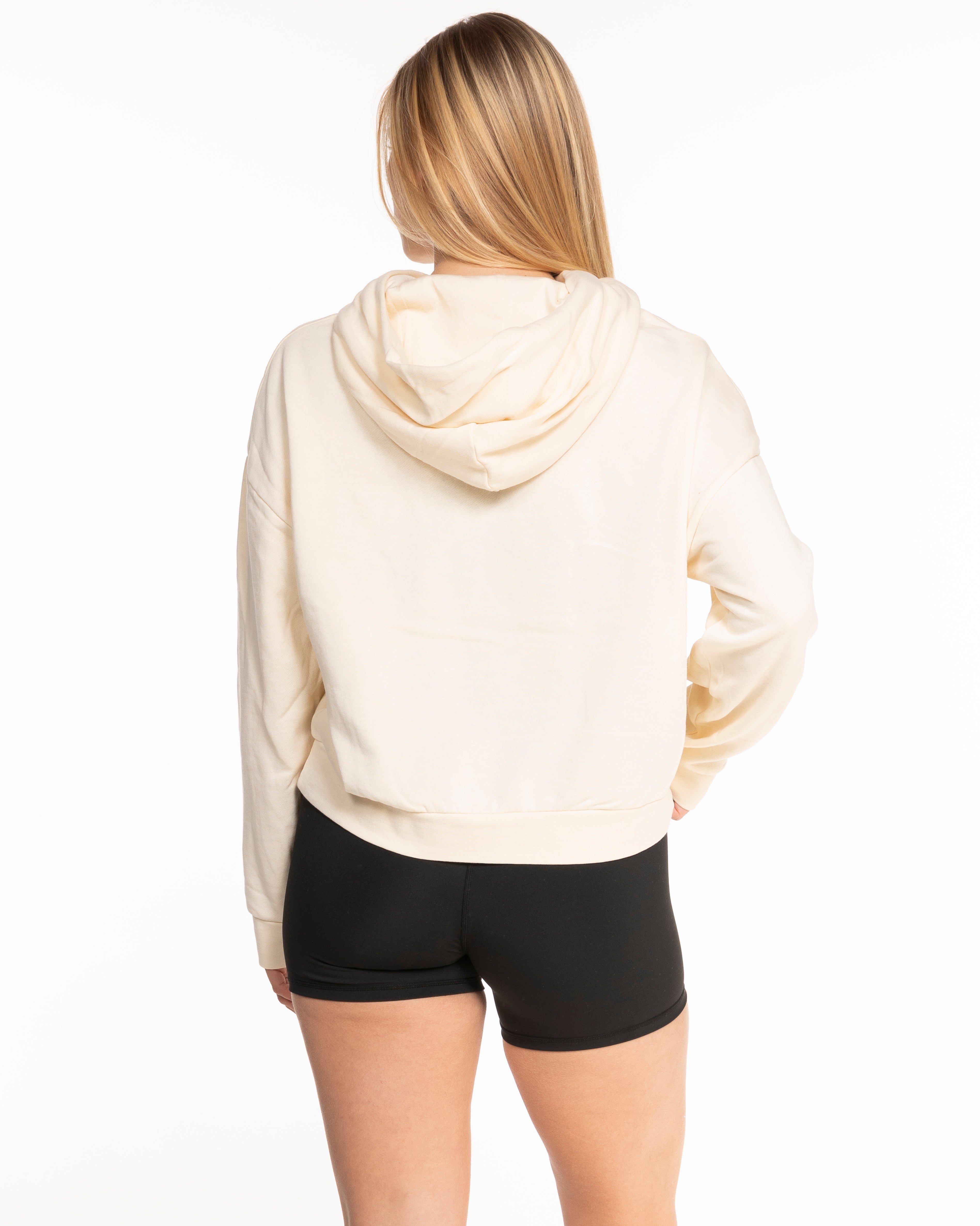 The Womens Lightweight Cropped Hoodie - Ivory - Pure Movement LARK - Center Chest - Embroidered - Dark Brown