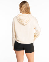 The Womens Lightweight Cropped Hoodie - Ivory - Pure Movement LARK - Center Chest - Embroidered - Dark Brown