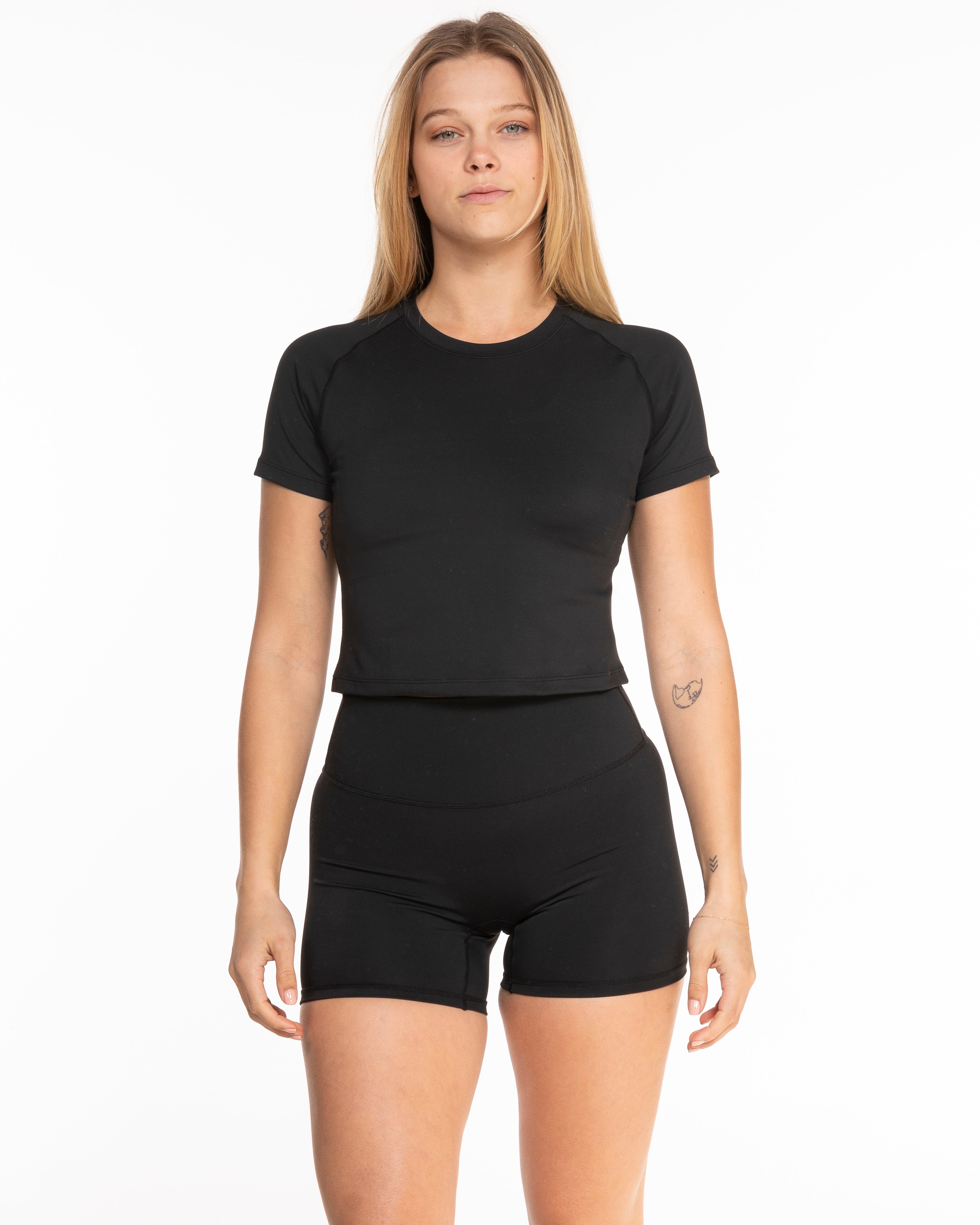 The Short Sleeve Crop - Black - Bare Pilates - Center Chest & Bottom Left - Printed - White