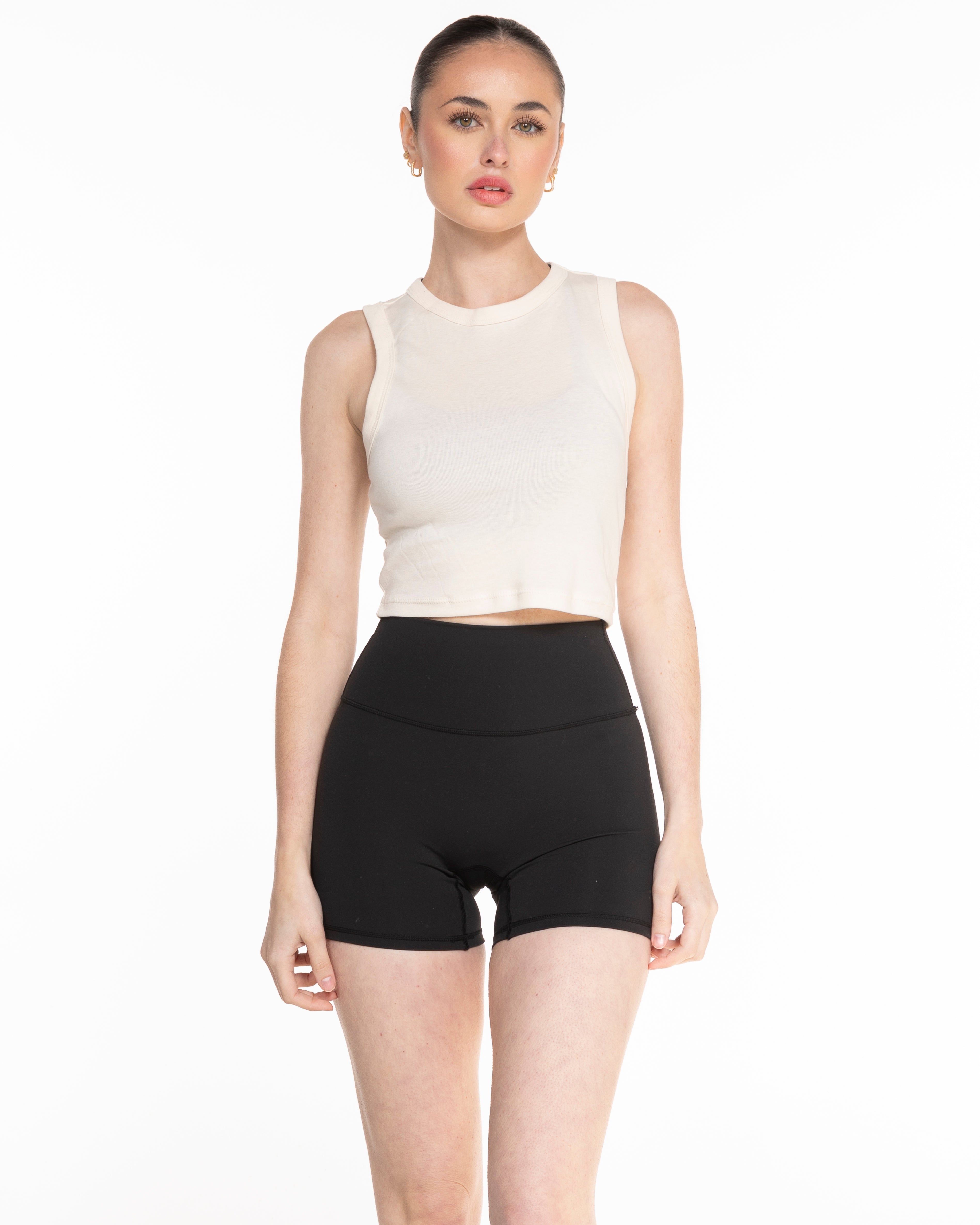 The Micro Rib Basic Crop Tank - Natural - Studio 23 - Center Chest - Embroidered - Tan