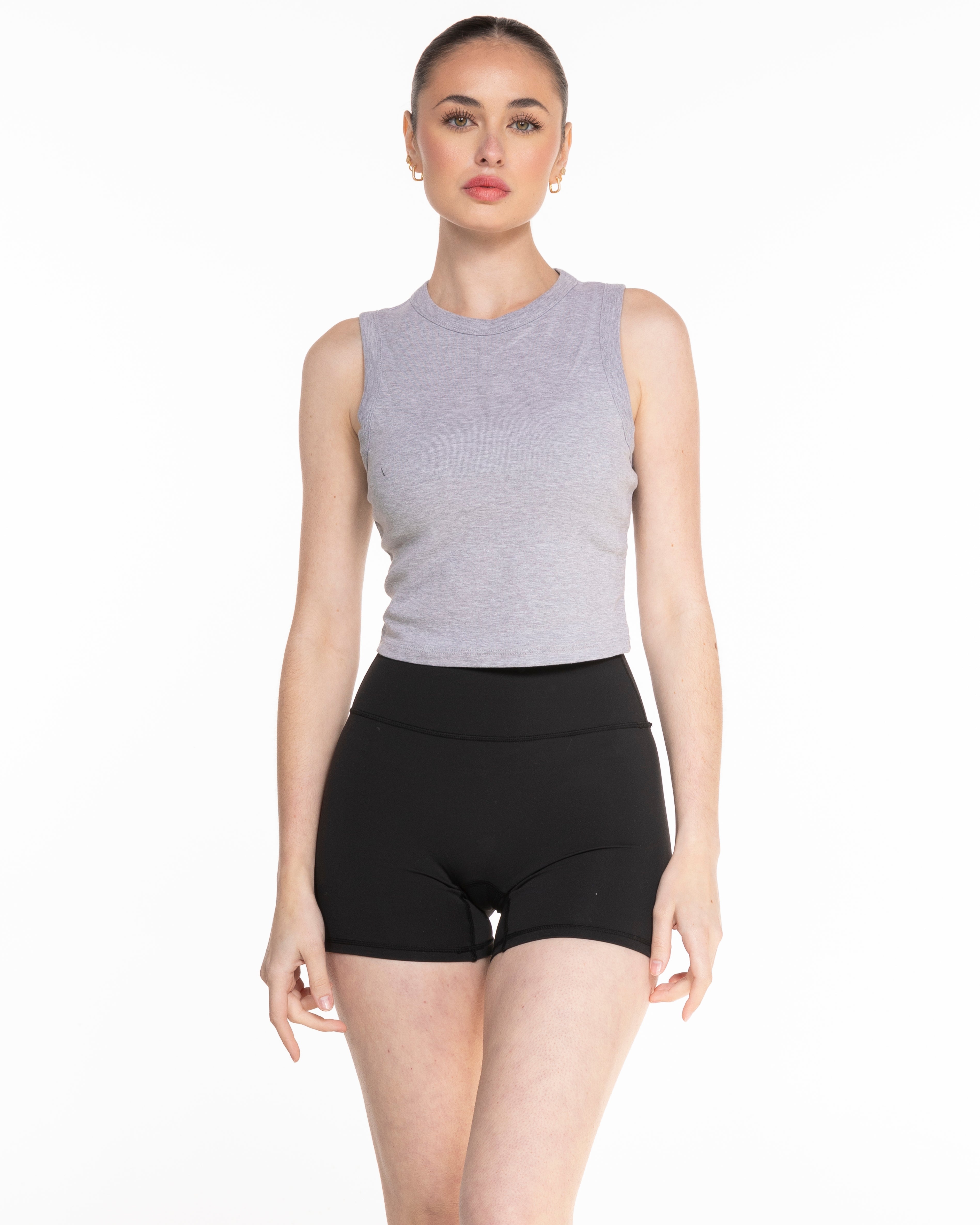 The Micro Rib Basic Crop Tank - Heather - Corah Fitness - Center Chest Stacked - Printed - Black