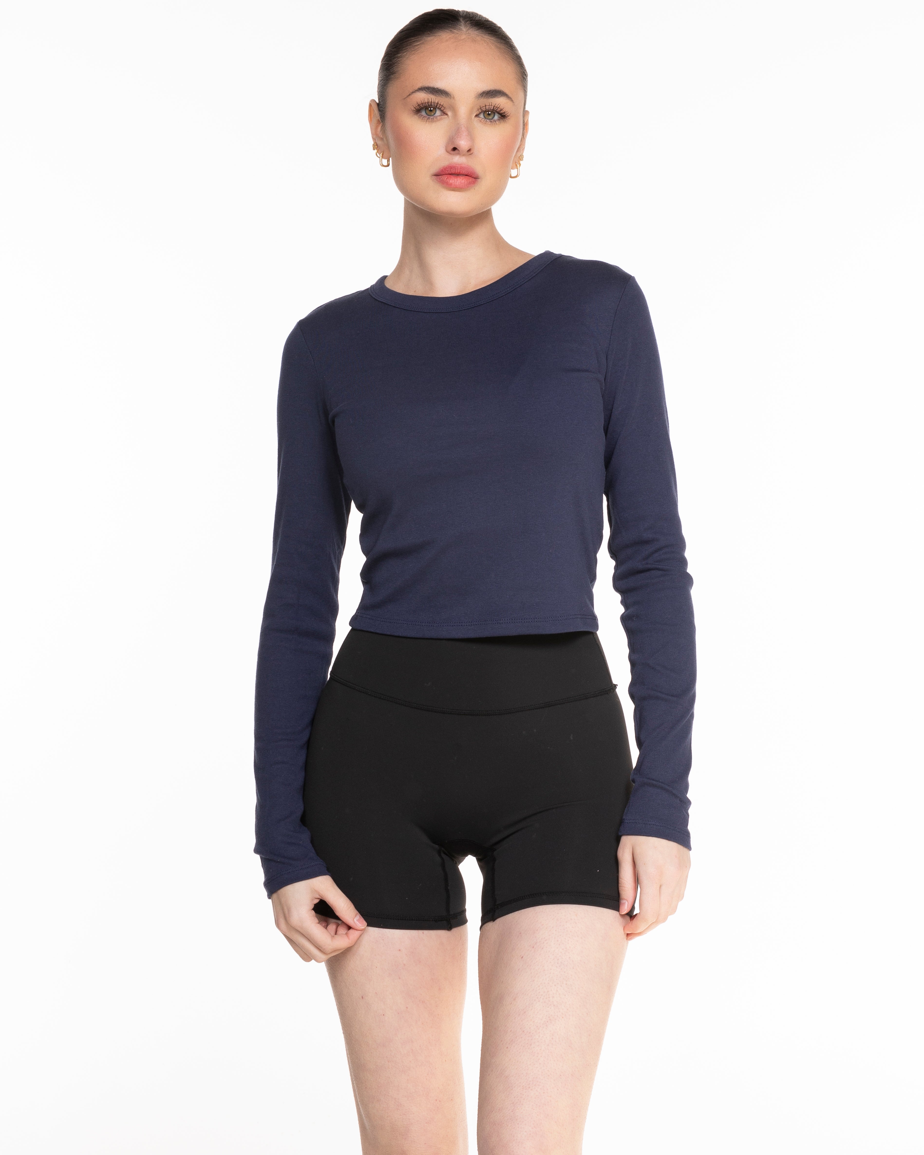 The Micro Rib Crop Long Sleeve - Navy - Pilates Plus PB - Center Chest Stacked & Right Wrist - Printed - Butter