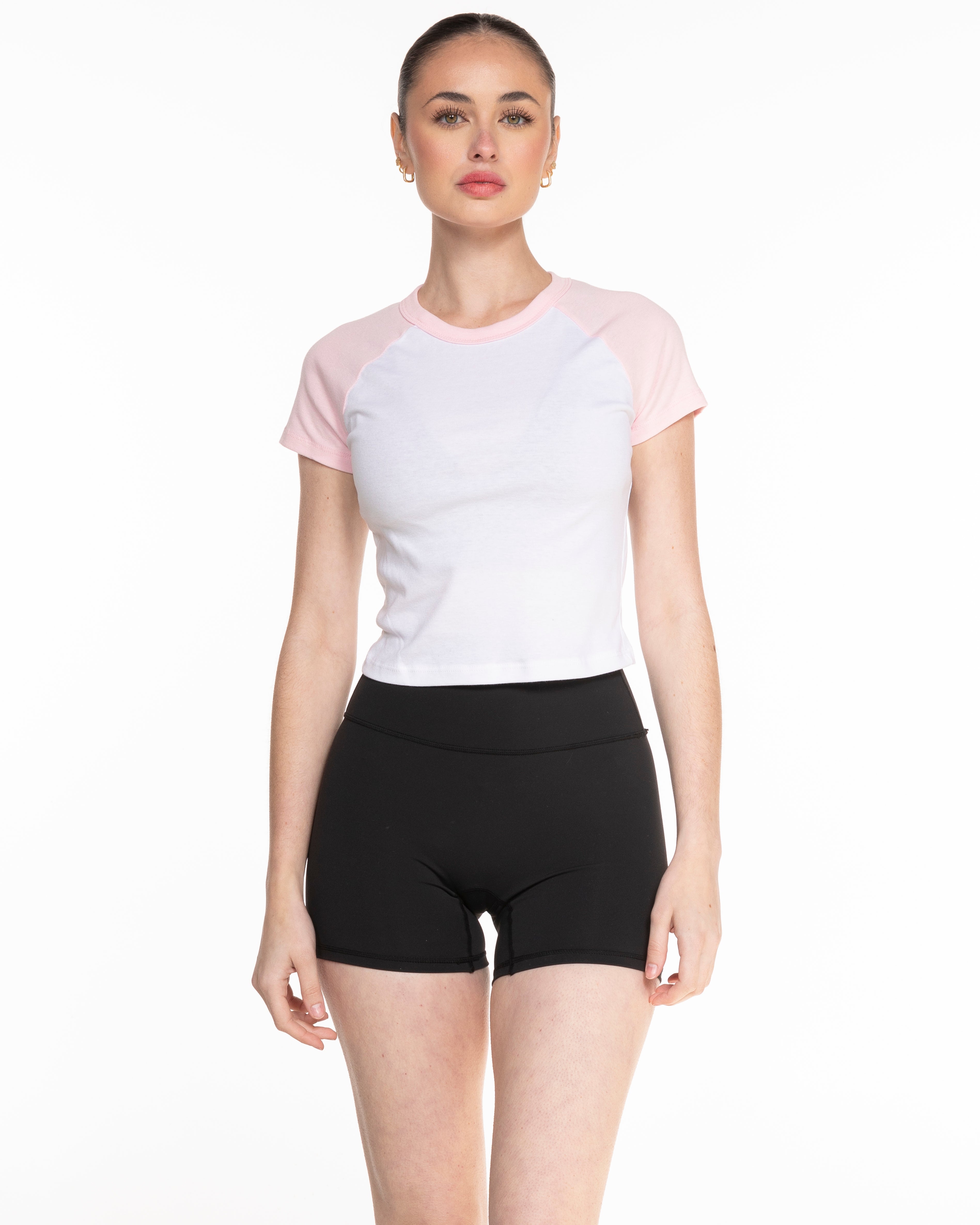 The Micro Rib Baby Tee - White / Pink - Golden Hour - Center Chest Stacked - Printed - Baby Pink