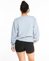 The Womens Sueded Crewneck - Denim Blue - Powerhouse Fitness - Center Chest Stacked & Back Stacked - Printed - Full Color