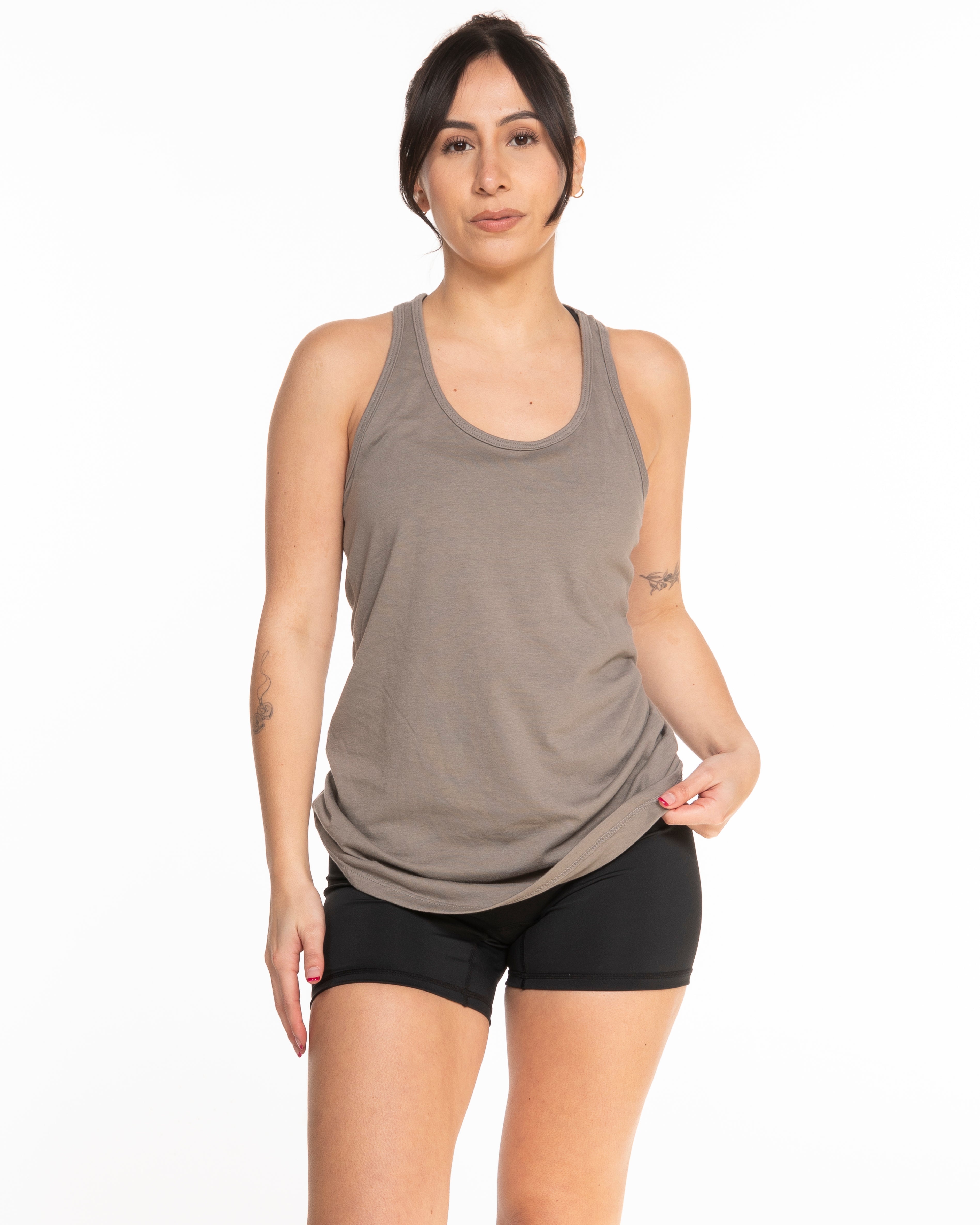 The Womens Full Length Tank - Warm Gray - STUDIO 7 - Left Chest - Printed - White