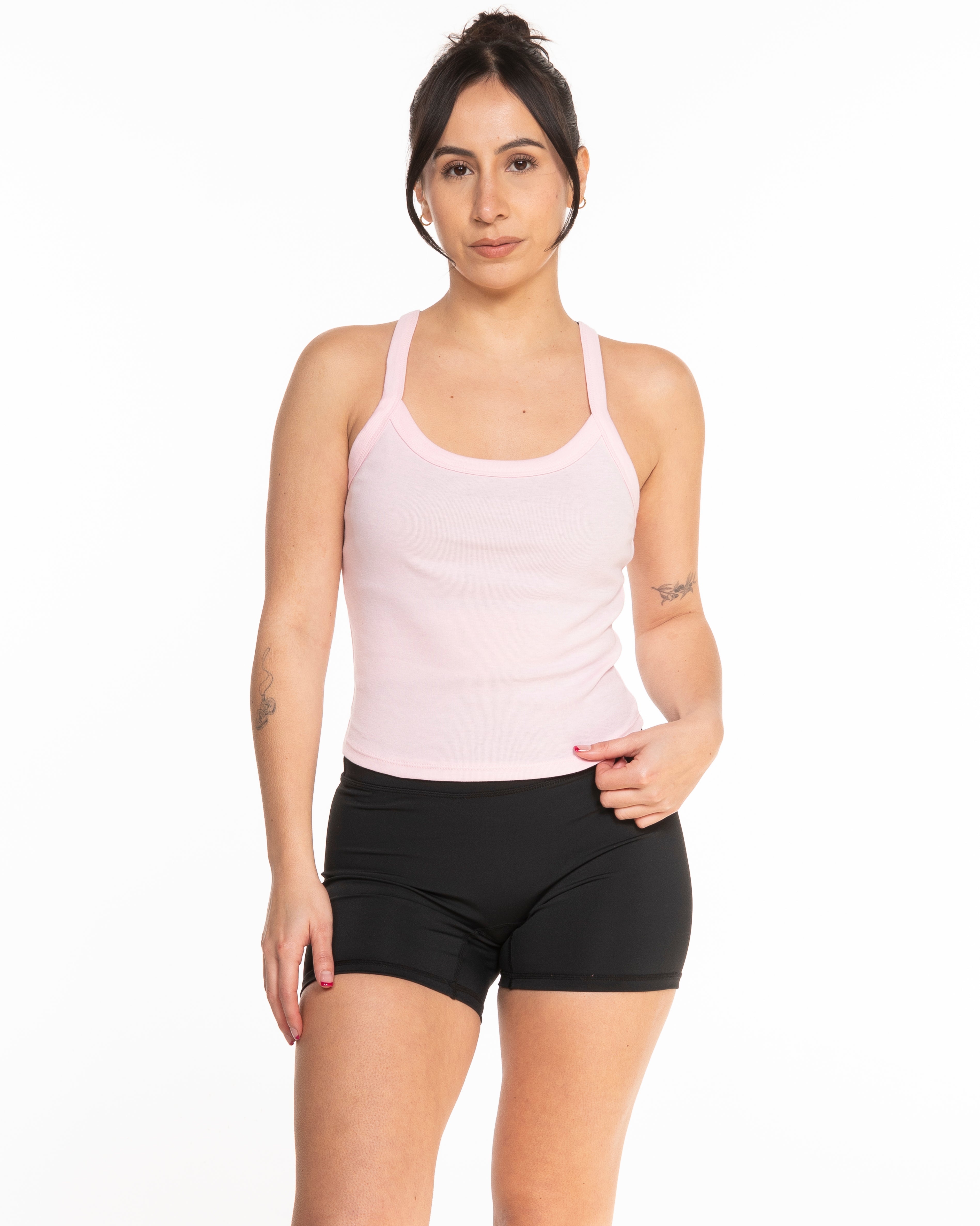 The Micro Rib Strappy Crop Tank - Pink - Carriage House - Center Chest Stacked - Printed - White