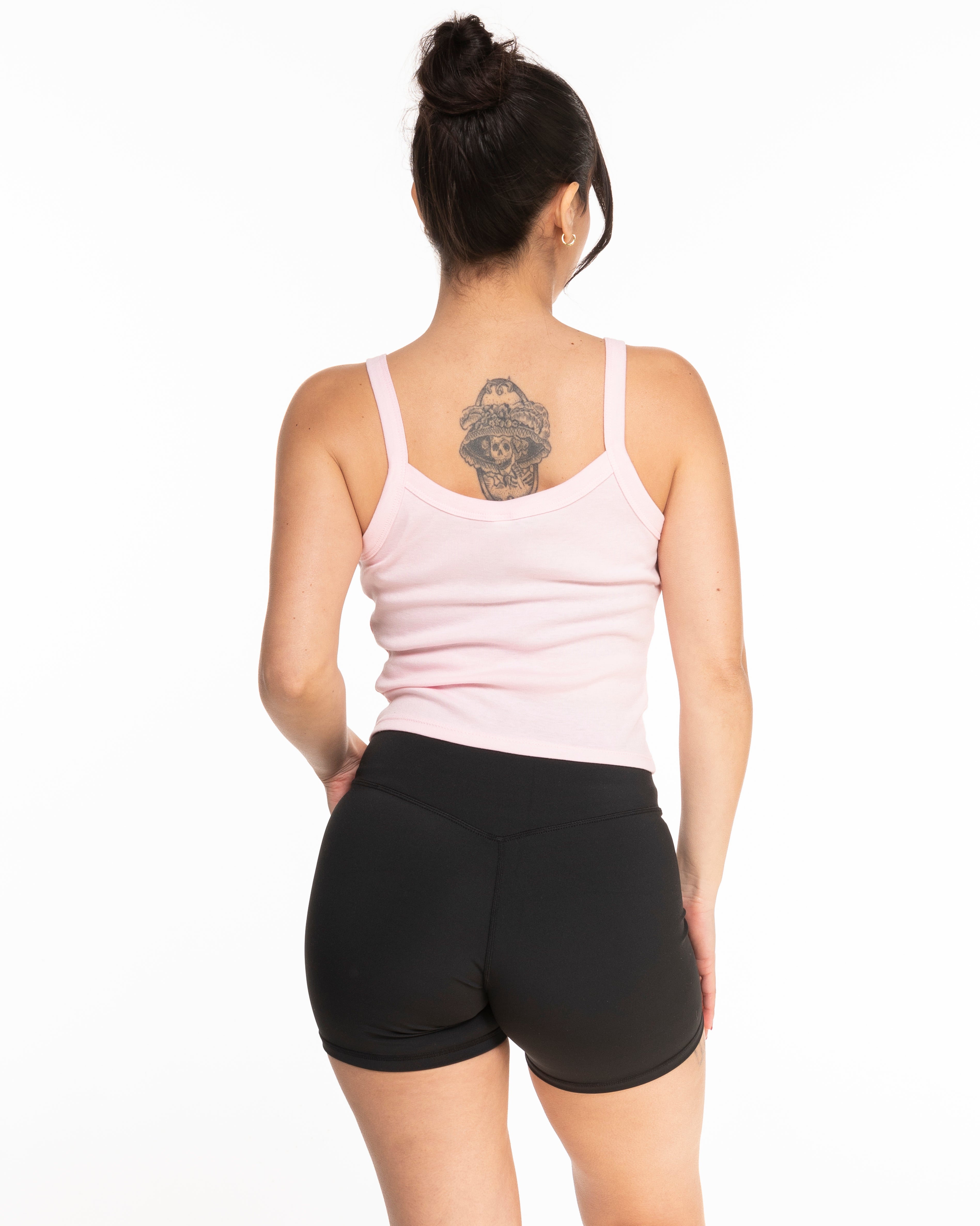 The Micro Rib Strappy Crop Tank - Pink - Carriage House - Center Chest Stacked - Printed - White