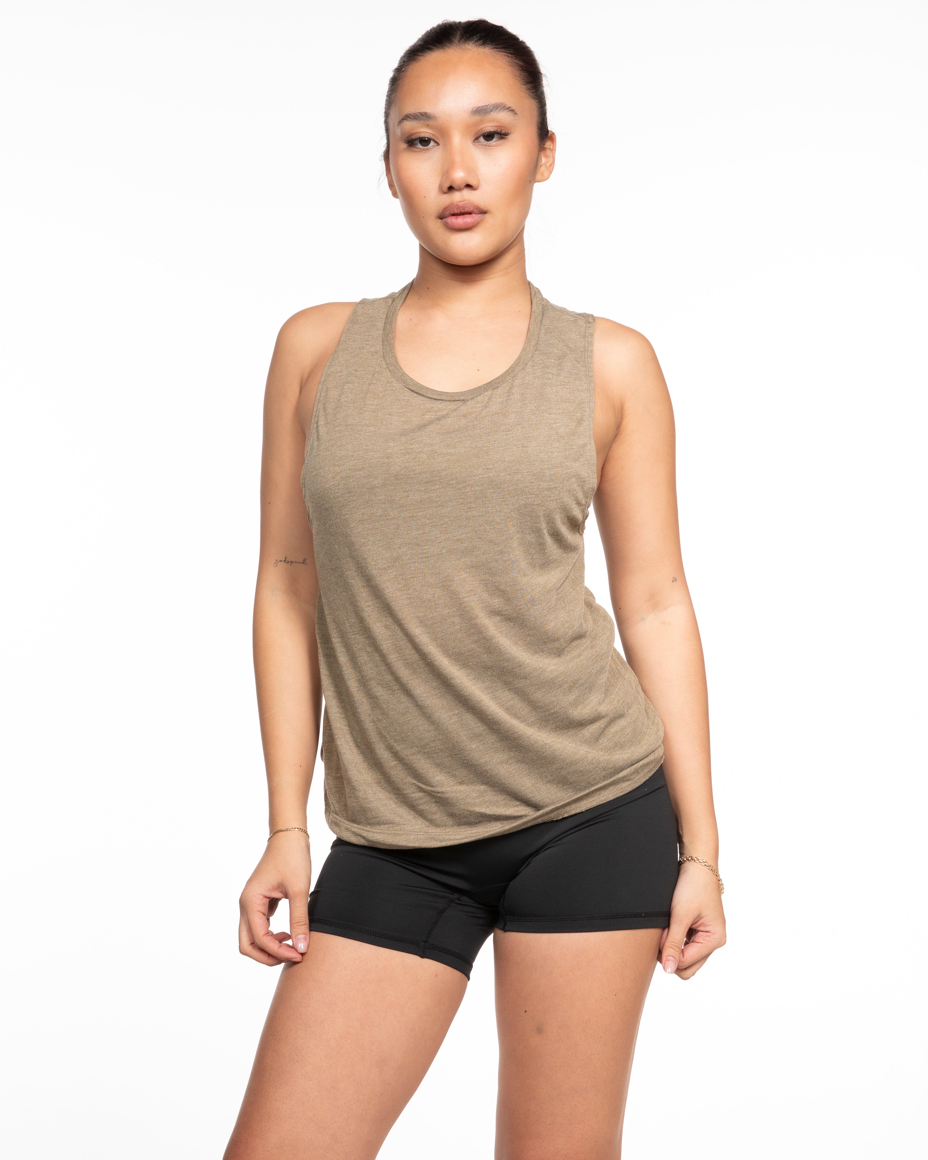 The Scoop Muscle Tank - Olive Heather - Pilates Phoenix - Left Chest Logo - Printed - White