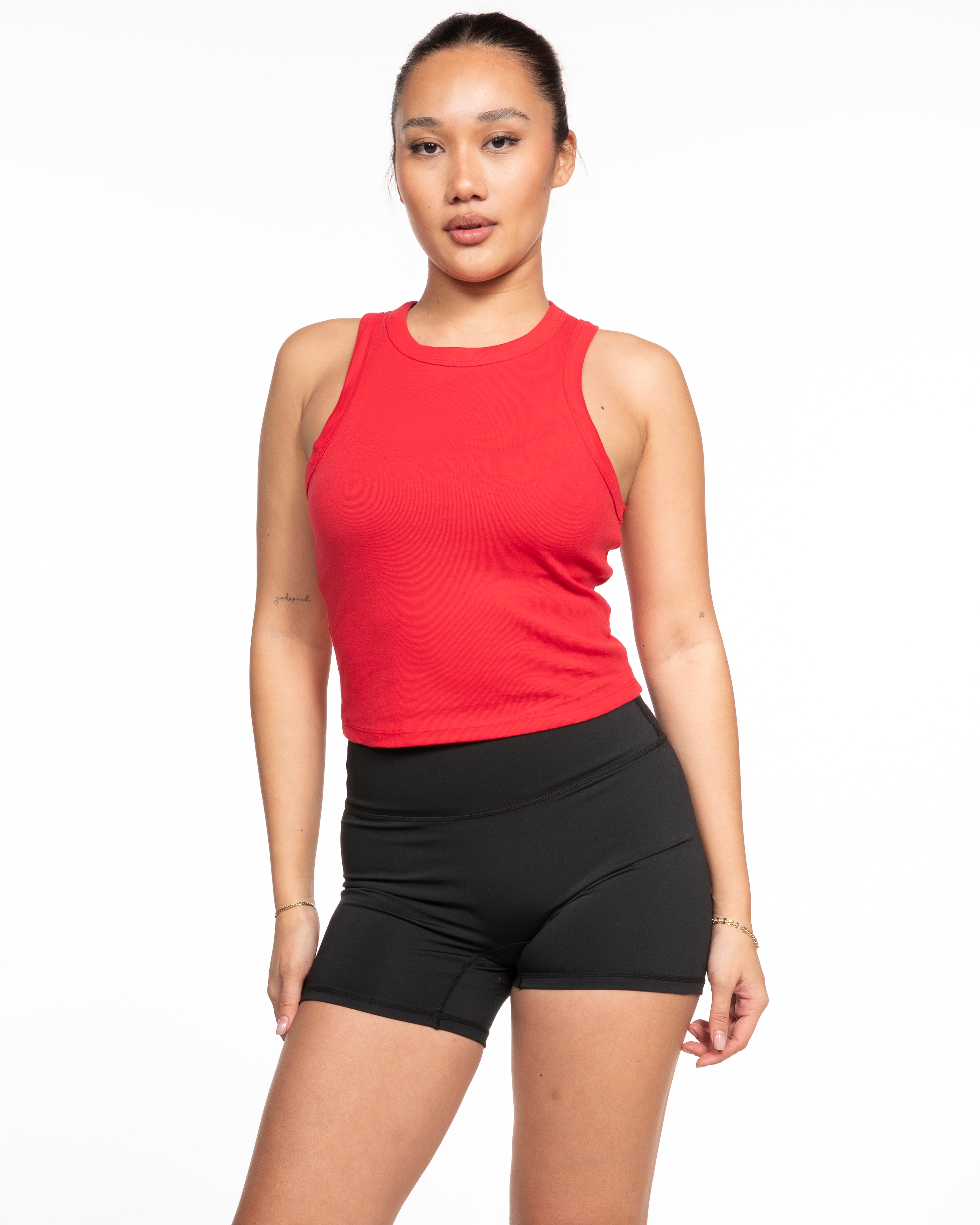 The Micro Rib Racer Crop - Red - Melt Hot Pilates - Center Chest Initial - Printed - White
