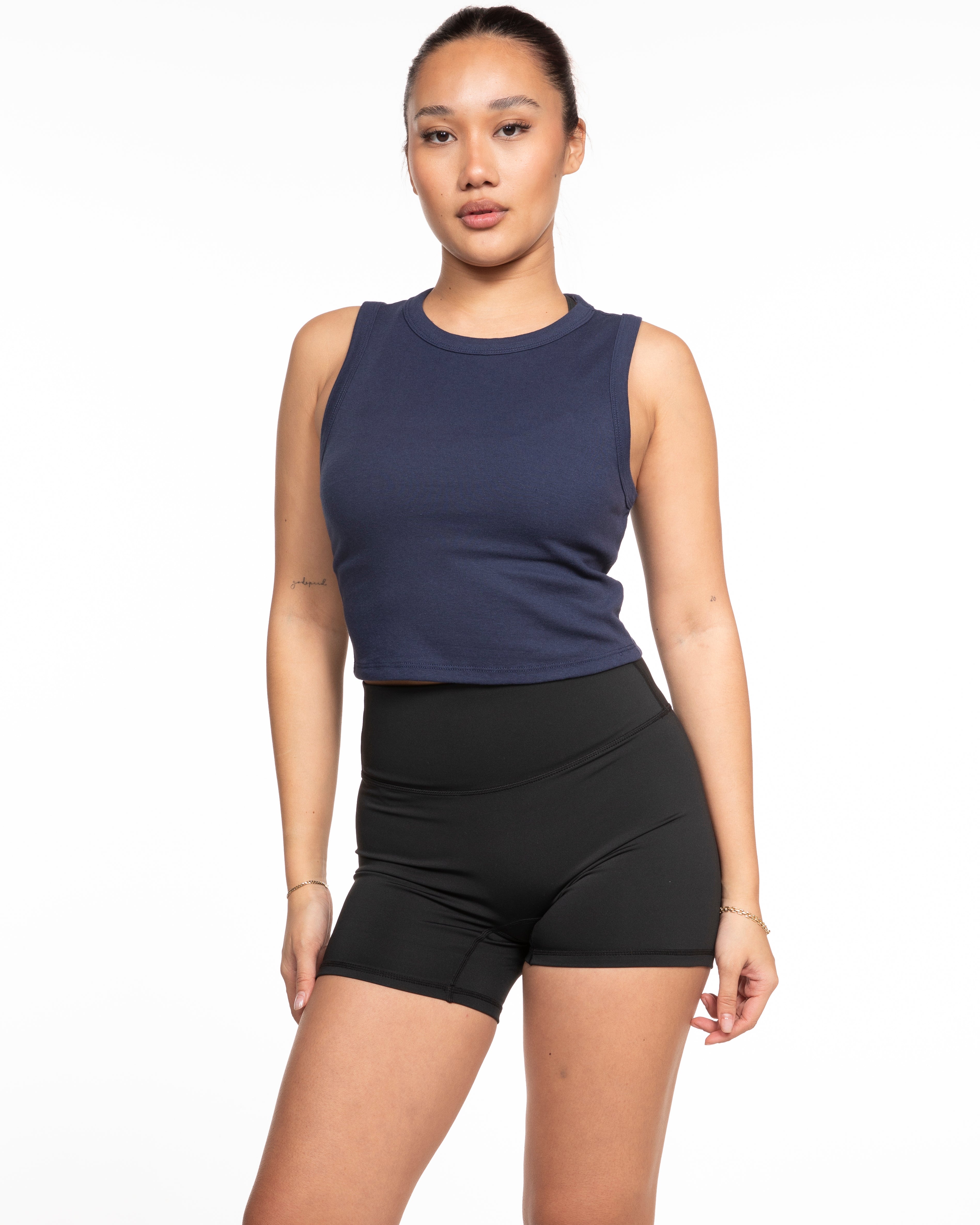 The Micro Rib Basic Crop Tank - Navy - Carriage House - Center Chest Stacked - Printed - White
