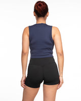 The Micro Rib Basic Crop Tank - Navy - Carriage House - Center Chest Stacked - Printed - White