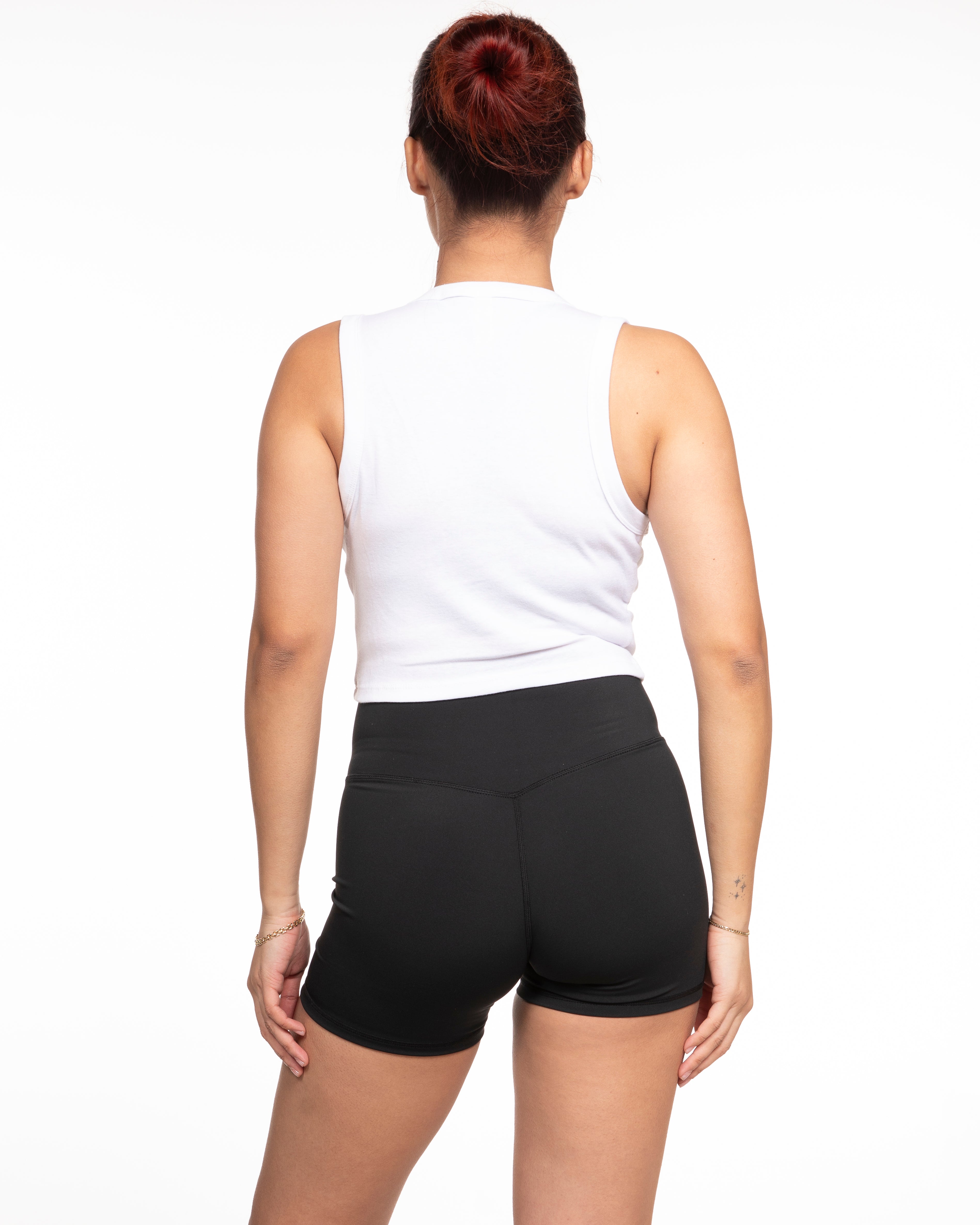 The Micro Rib Basic Crop Tank - White - Lucky Penny - Center Chest Stacked Logo - Embroidered - Brown