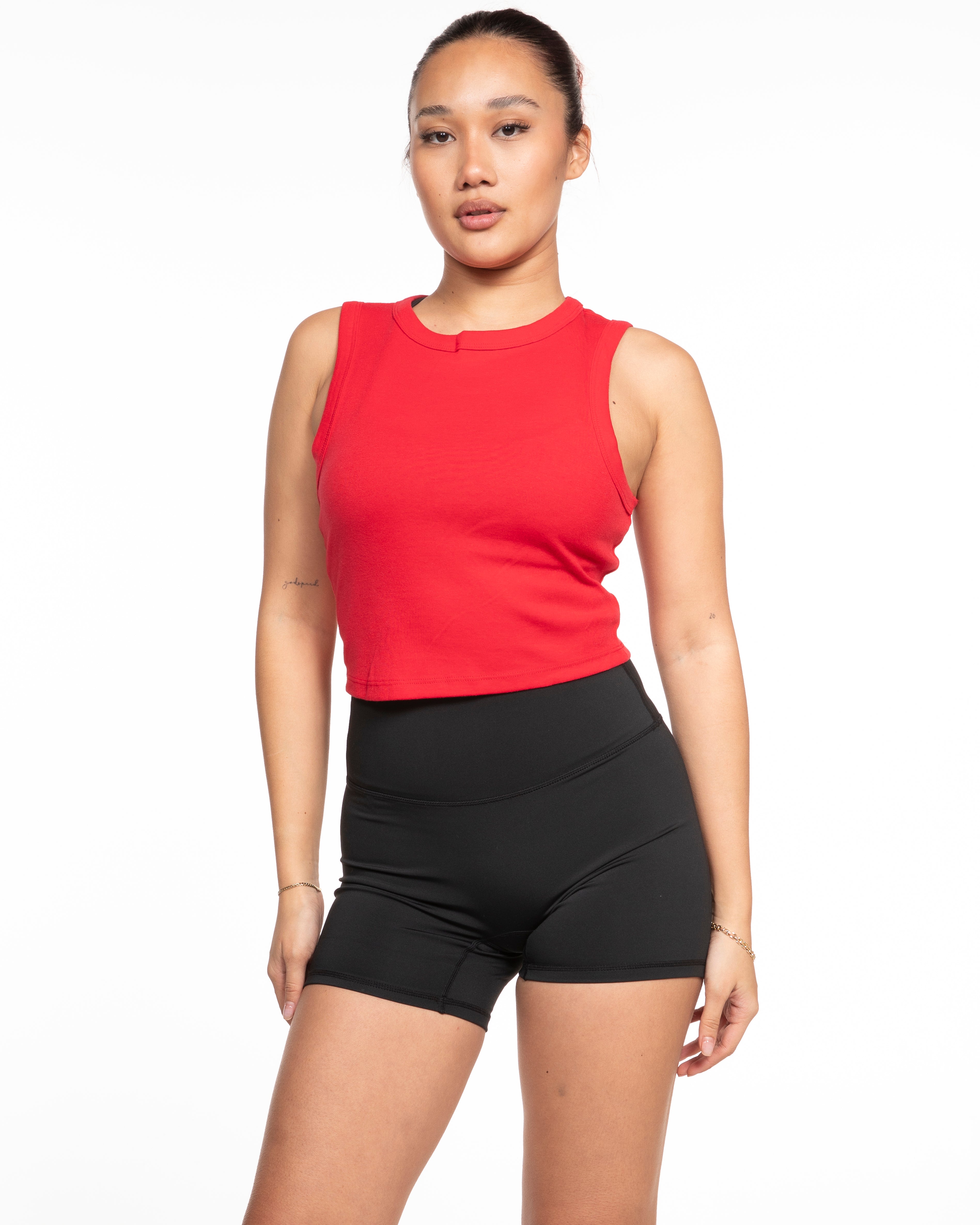 The Micro Rib Racer Crop - Red - Village Yoga - Center Chest Stacked - Embroidered - White