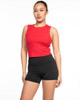 The Micro Rib Racer Crop - Red - Village Yoga - Center Chest Stacked - Embroidered - White