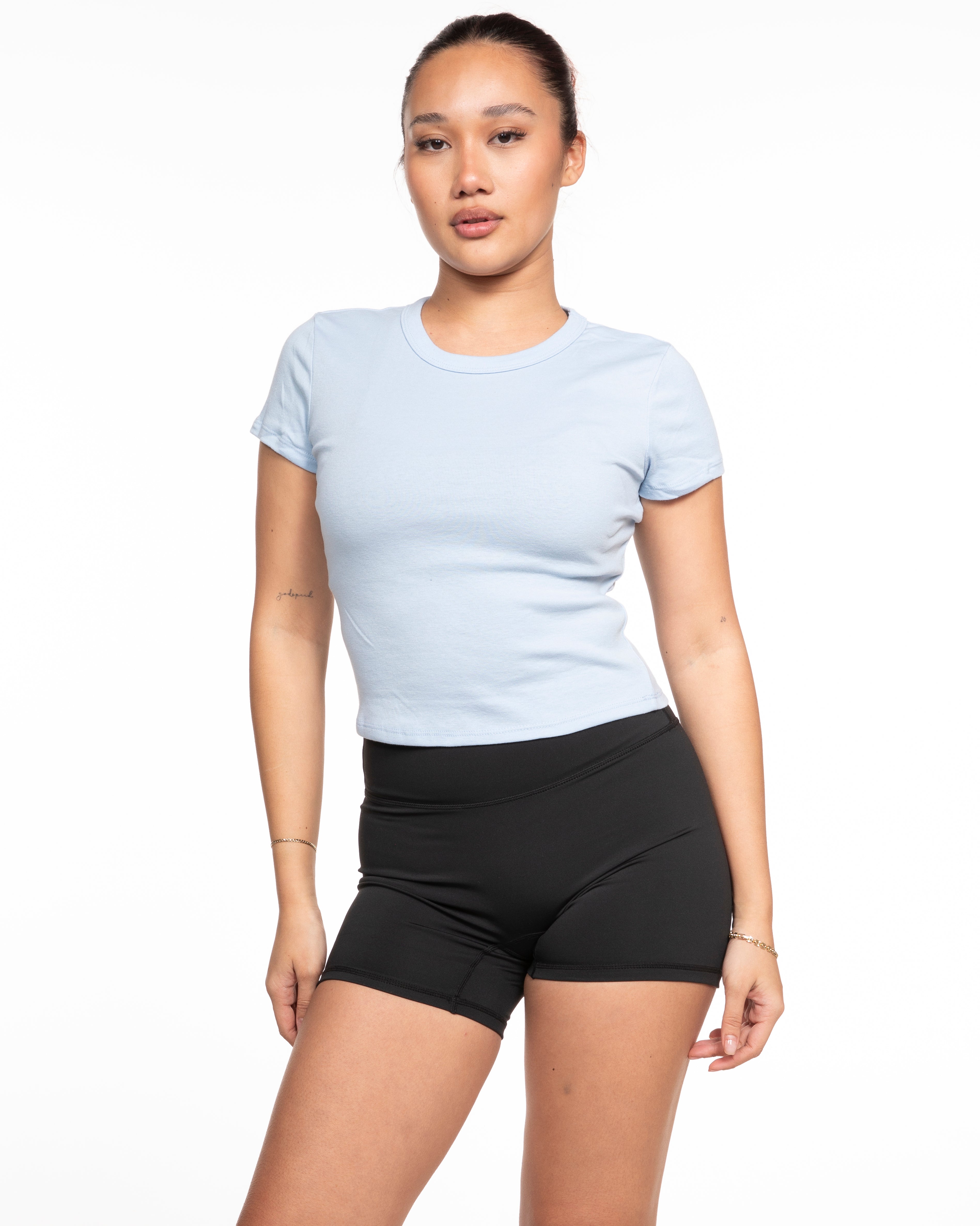 The Micro Rib Baby Tee - Baby Blue - Mantra - Center Chest - Black