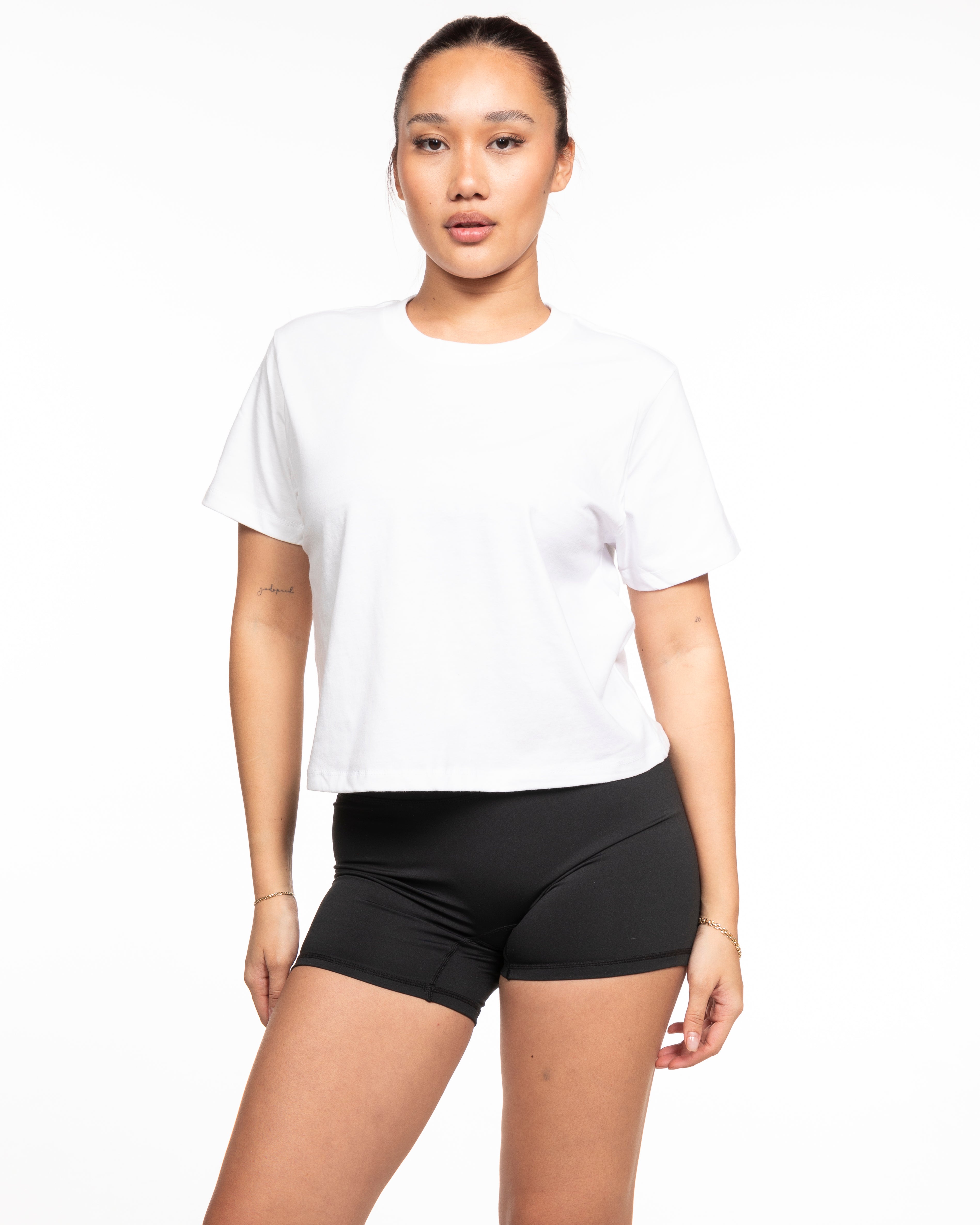 The Boxy Crop Tee - White - Squeeze Massage - Front Neckline & Left Sleeve - Printed - Turquoise