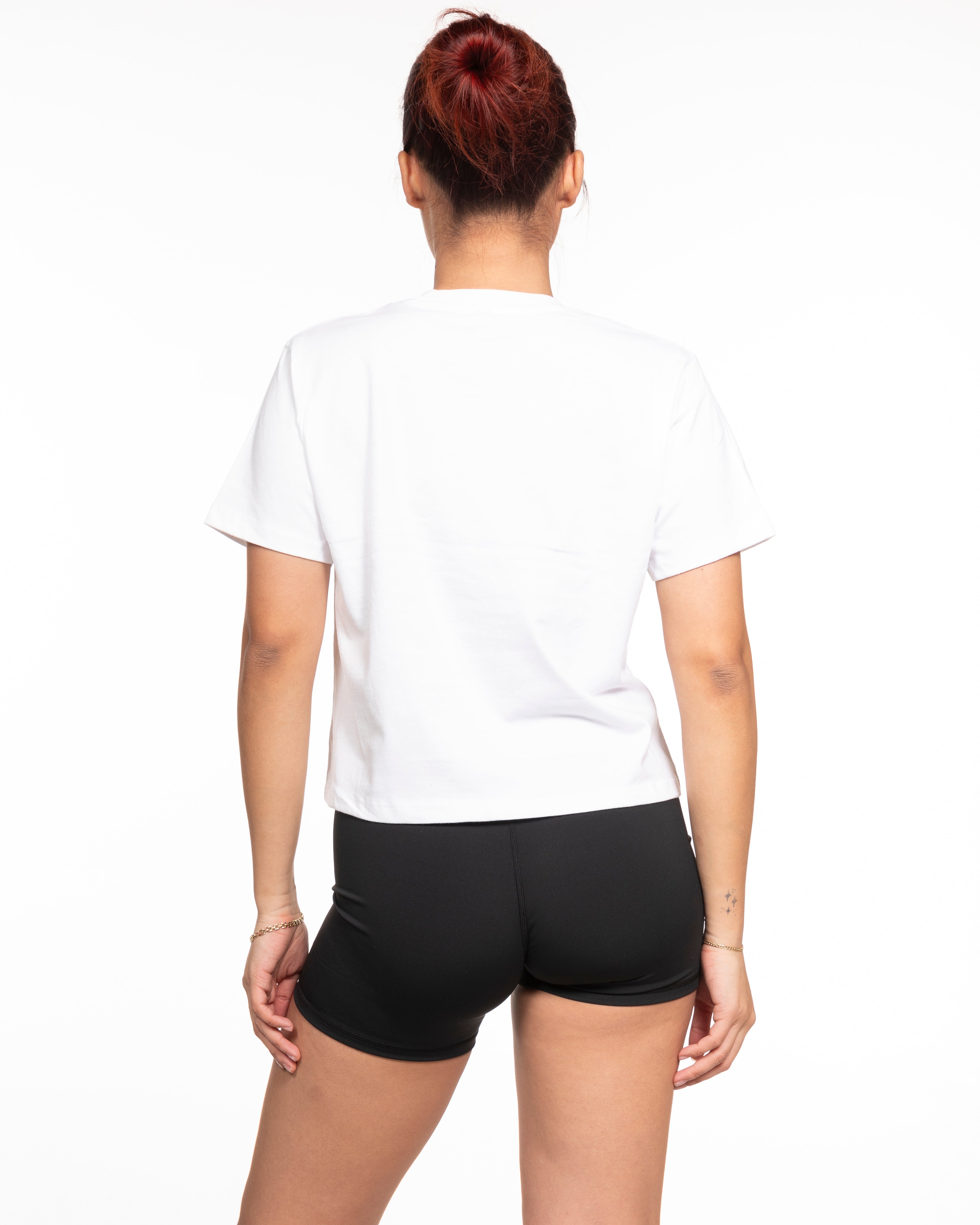 The Boxy Crop Tee - White - Squeeze Massage - Front Neckline & Left Sleeve - Printed - Turquoise