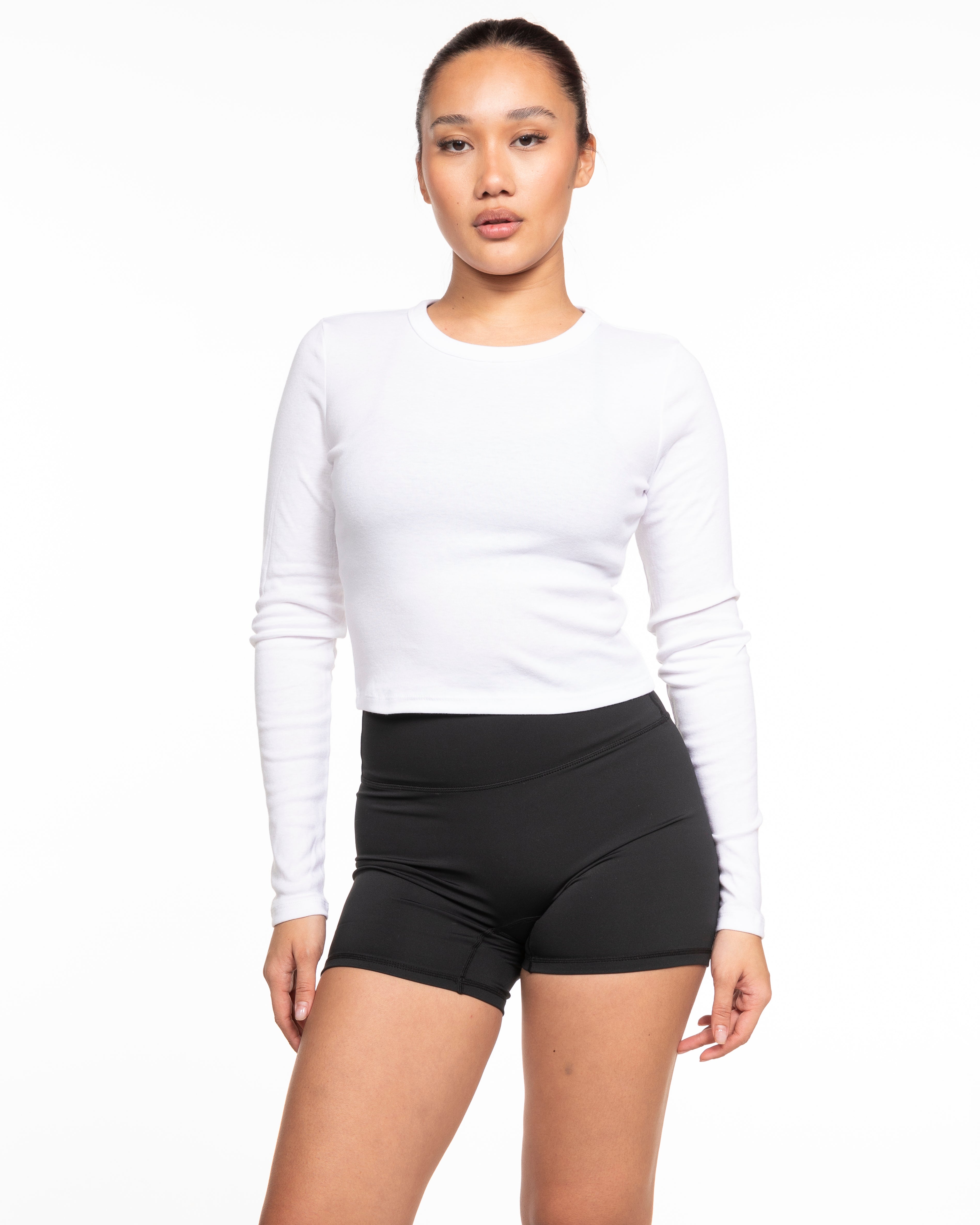 The Micro Rib Crop Long Sleeve - White - Method Pilates - Center Chest - Printed - Brown
